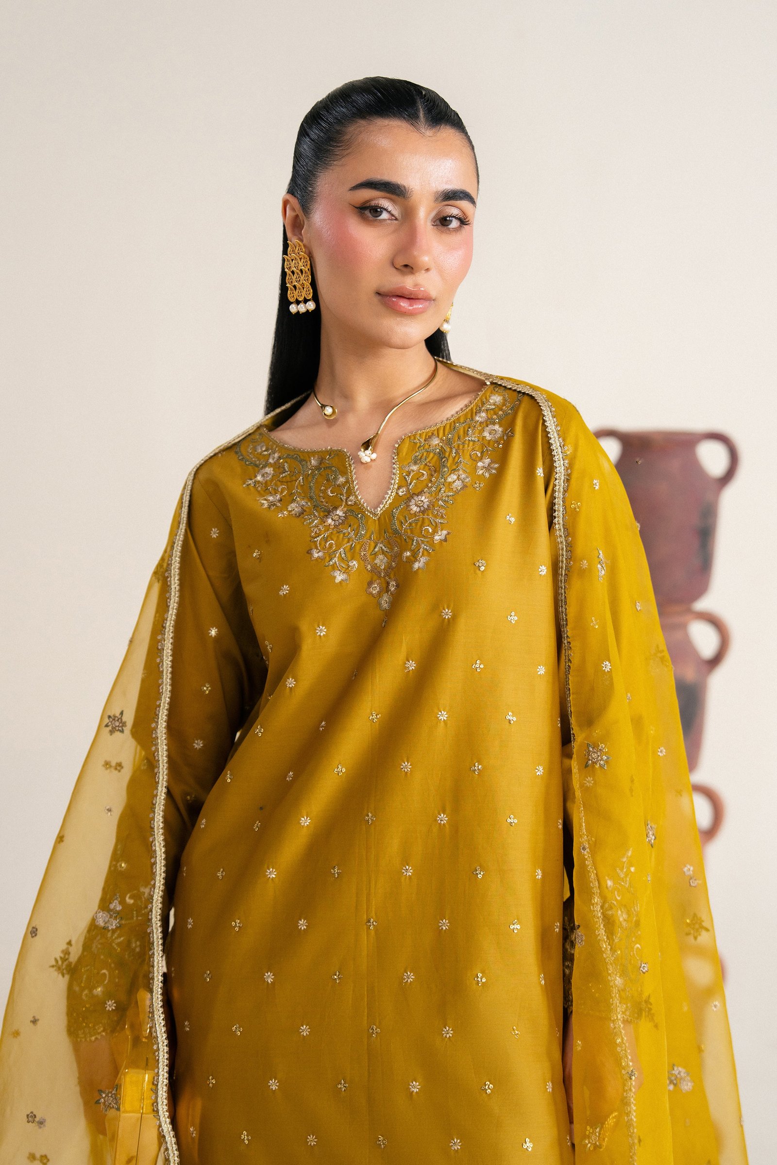 Nuraisa 3Pc - Festive Eid Pret BATIKSS26 BATIK XS / Mehndi / Giza-S / Mehndi / Giza-M / Mehndi / Giza-L / Mehndi / Giza-XL / Mehndi / Giza