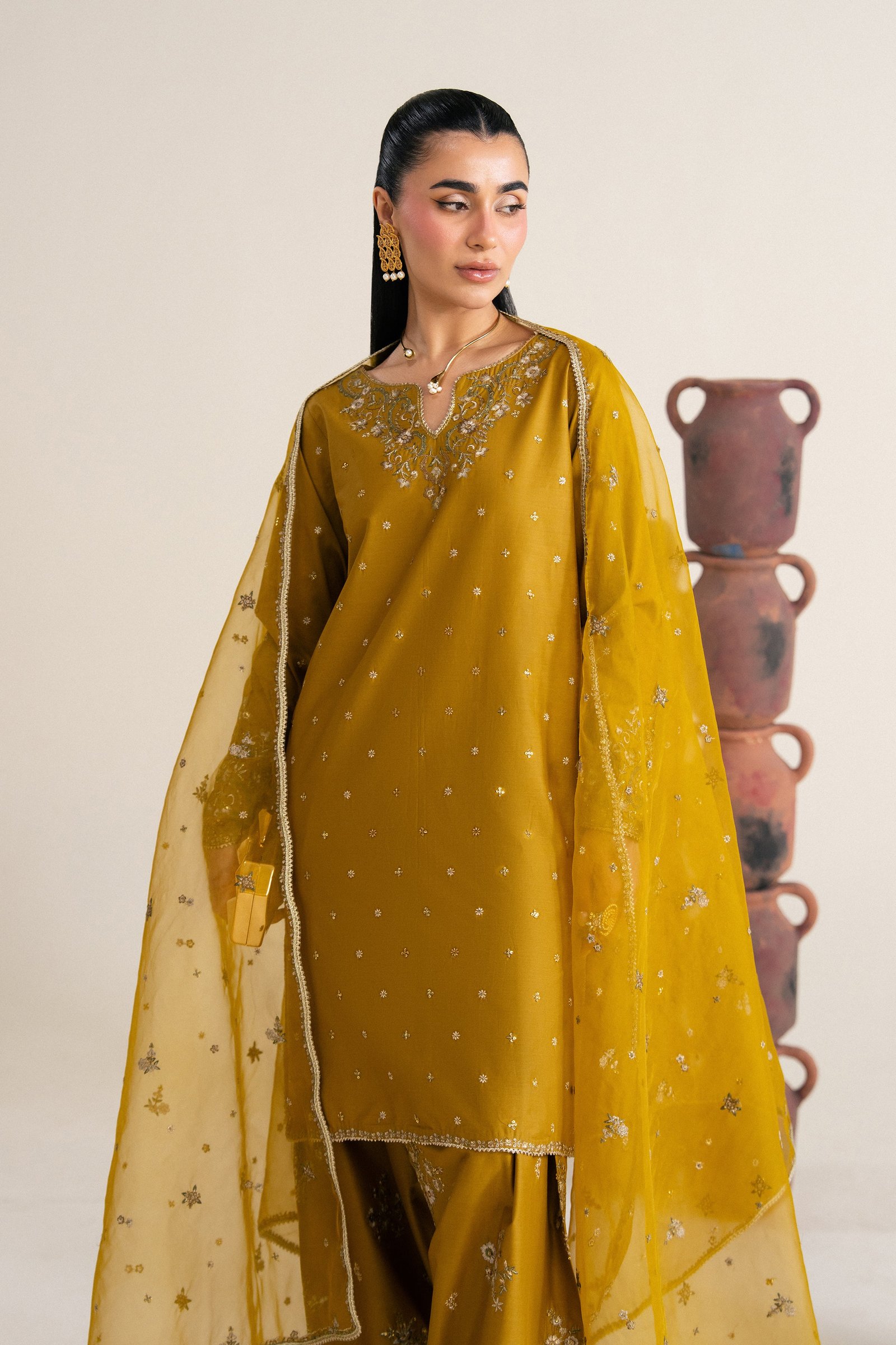 Nuraisa 3Pc - Festive Eid Pret BATIKSS26 BATIK XS / Mehndi / Giza-S / Mehndi / Giza-M / Mehndi / Giza-L / Mehndi / Giza-XL / Mehndi / Giza