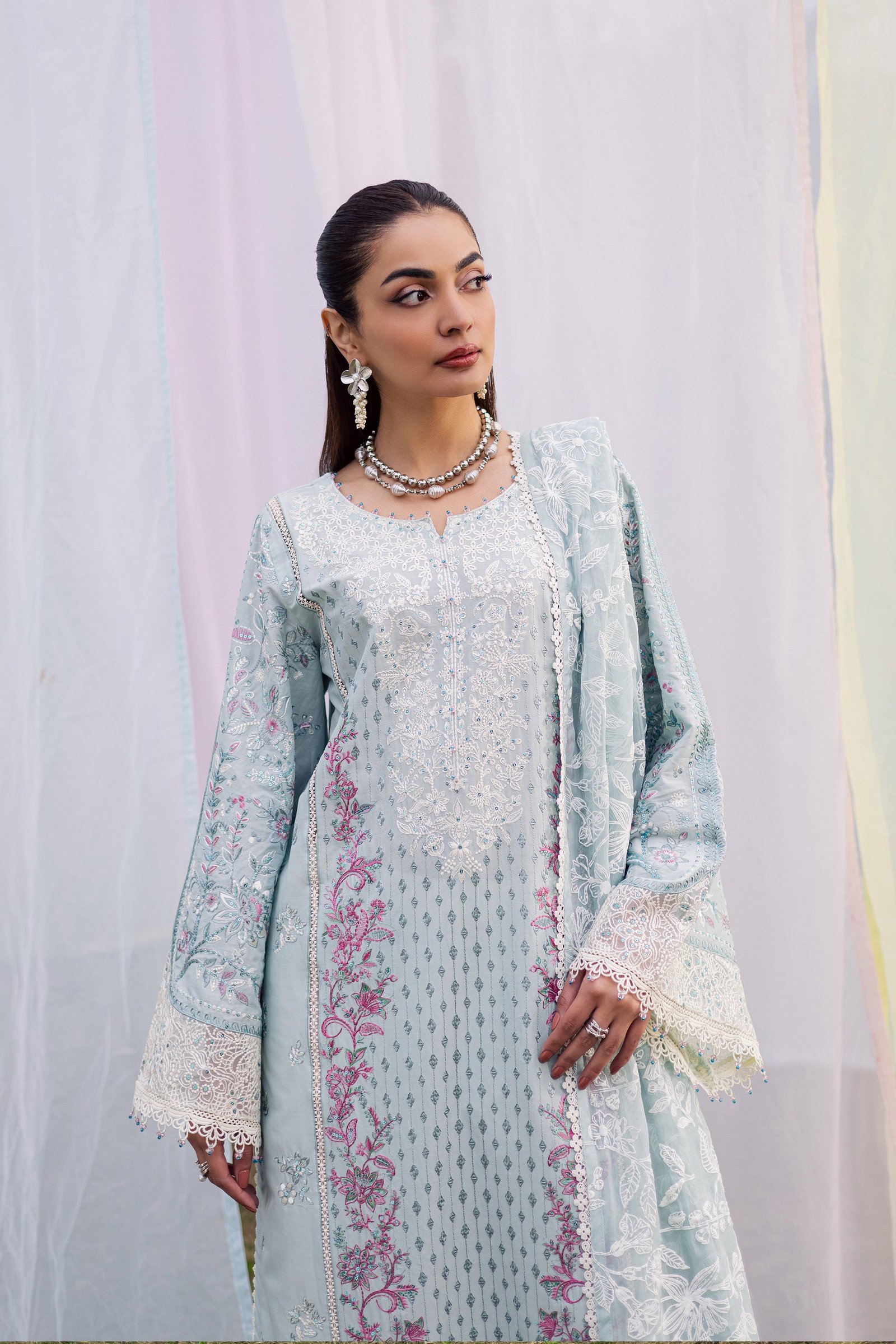 Ocean Swan 3Pc - Festive Embroidered Lawn BATIKEID2026 BATIK XS / Ice Blue / Pima Lawn-S / Ice Blue / Pima Lawn-M / Ice Blue / Pima Lawn-L / Ice Blue / Pima Lawn-XL / Ice Blue / Pima Lawn