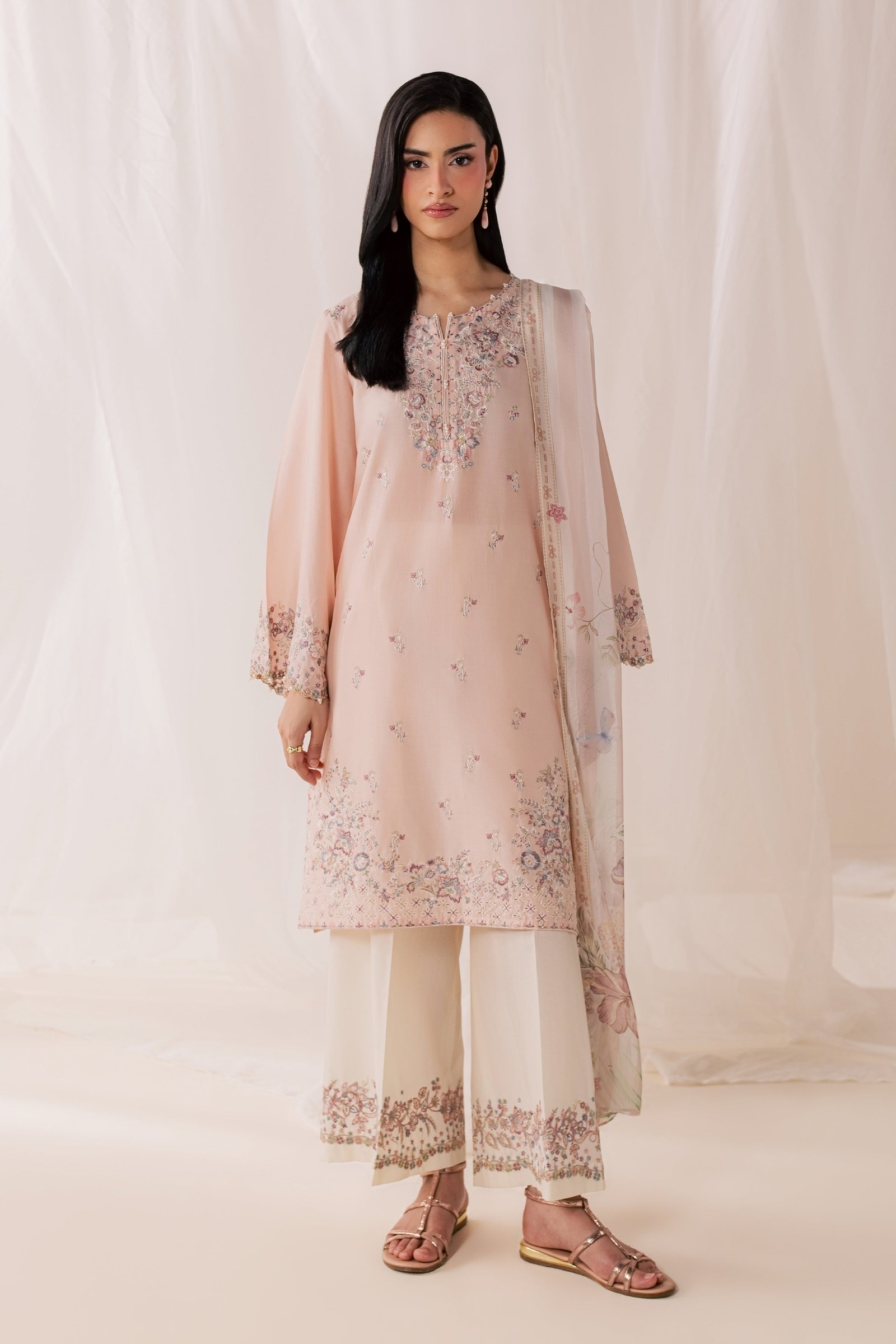 Peach Tart 3Pc - Luxury Embroidered Lawn BATIKSS26 BATIK XS / Powder Peach / Pima Lawn