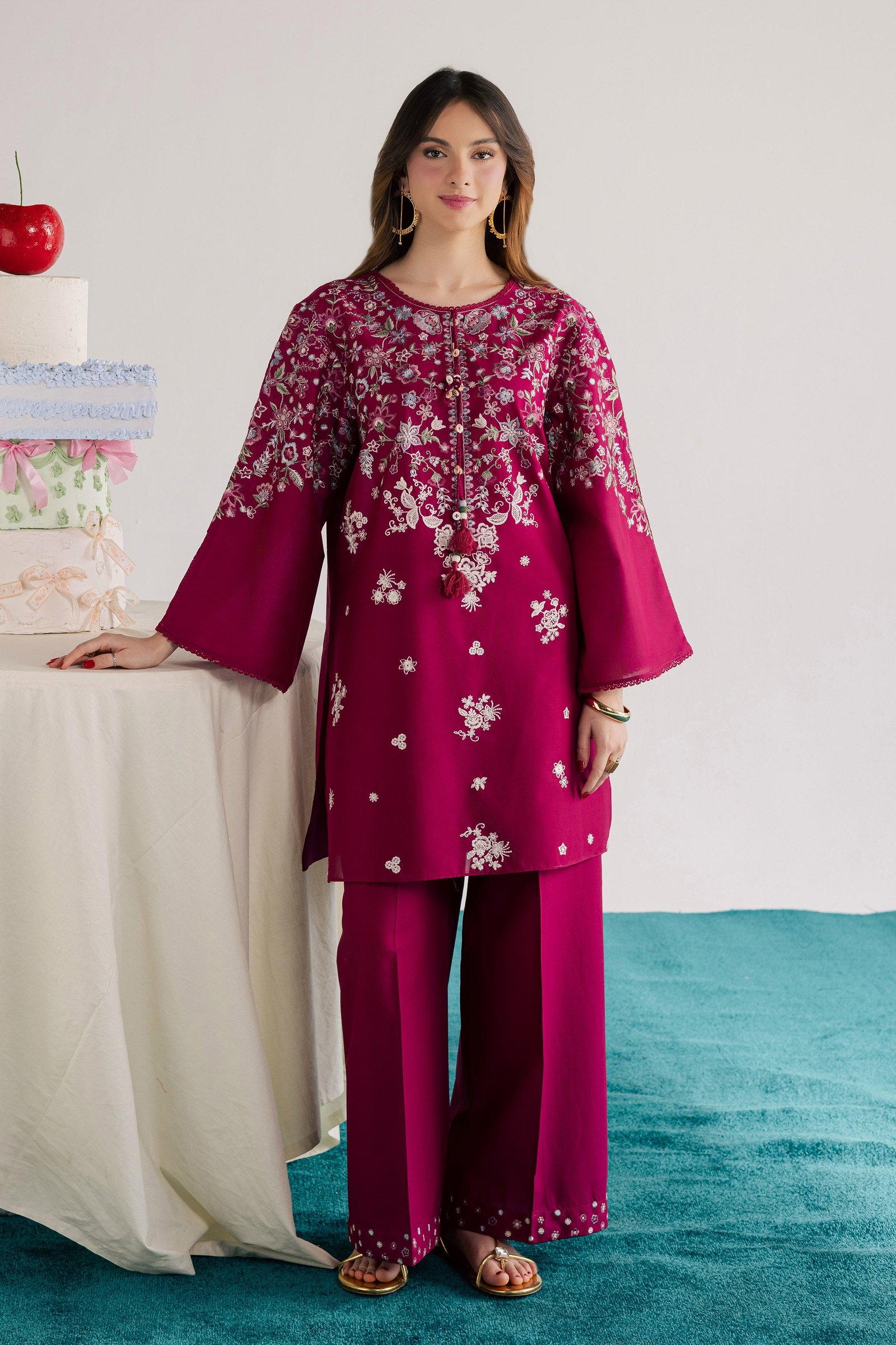 Pink Flora 2Pc - Embroidered Lawn Dress EverydayEdit26 BATIK XS / Bright Pink / Pima Lawn-S / Bright Pink / Pima Lawn-M / Bright Pink / Pima Lawn-L / Bright Pink / Pima Lawn-XL / Bright Pink / Pima Lawn