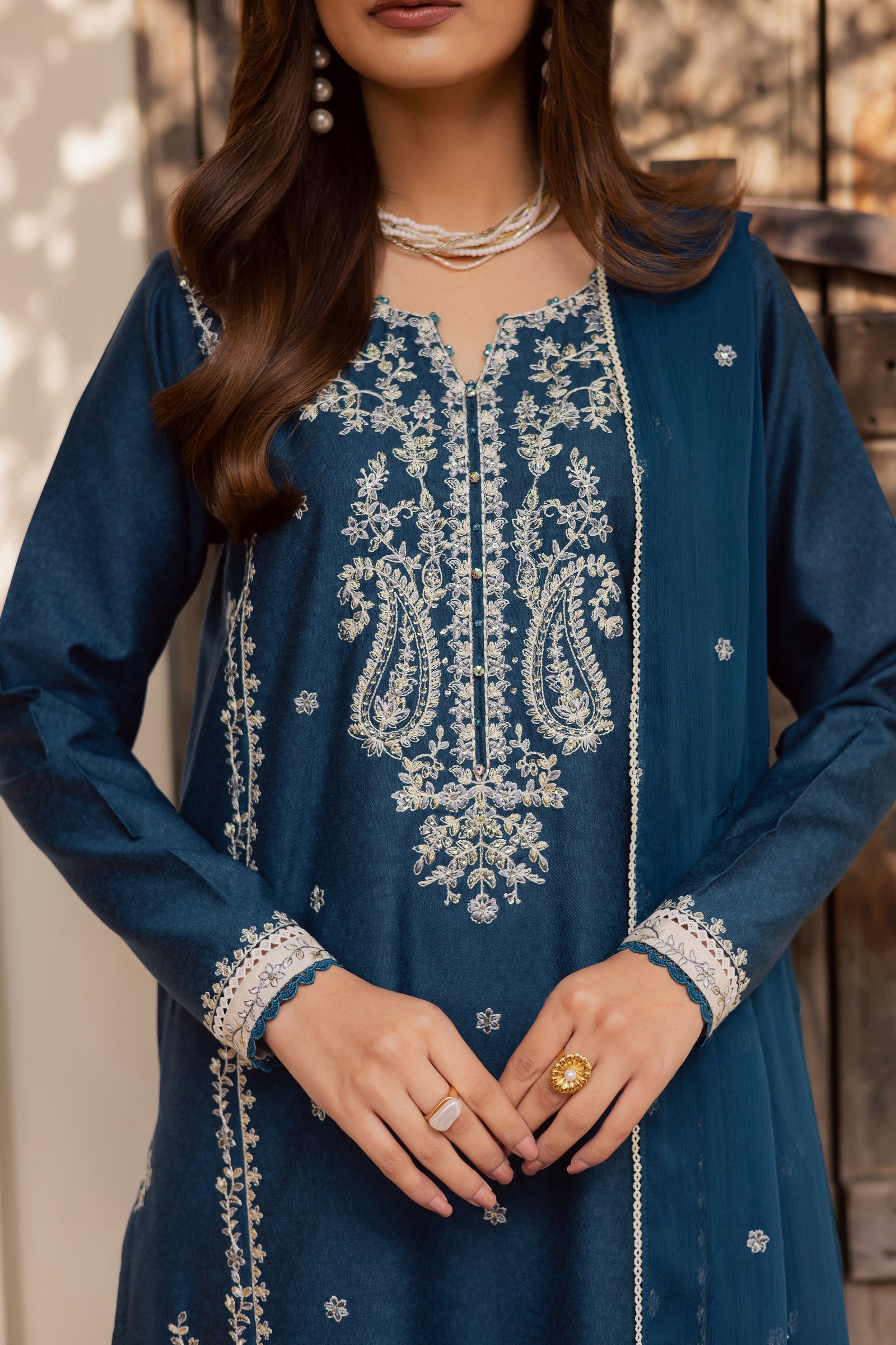 Raham 3Pc - Embroidered Festive Pret BATIK WINTER PRET 2025 BATIK XS / Ocean Blue / Textured Cotton-S / Ocean Blue / Textured Cotton-M / Ocean Blue / Textured Cotton-L / Ocean Blue / Textured Cotton-XL / Ocean Blue / Textured Cotton