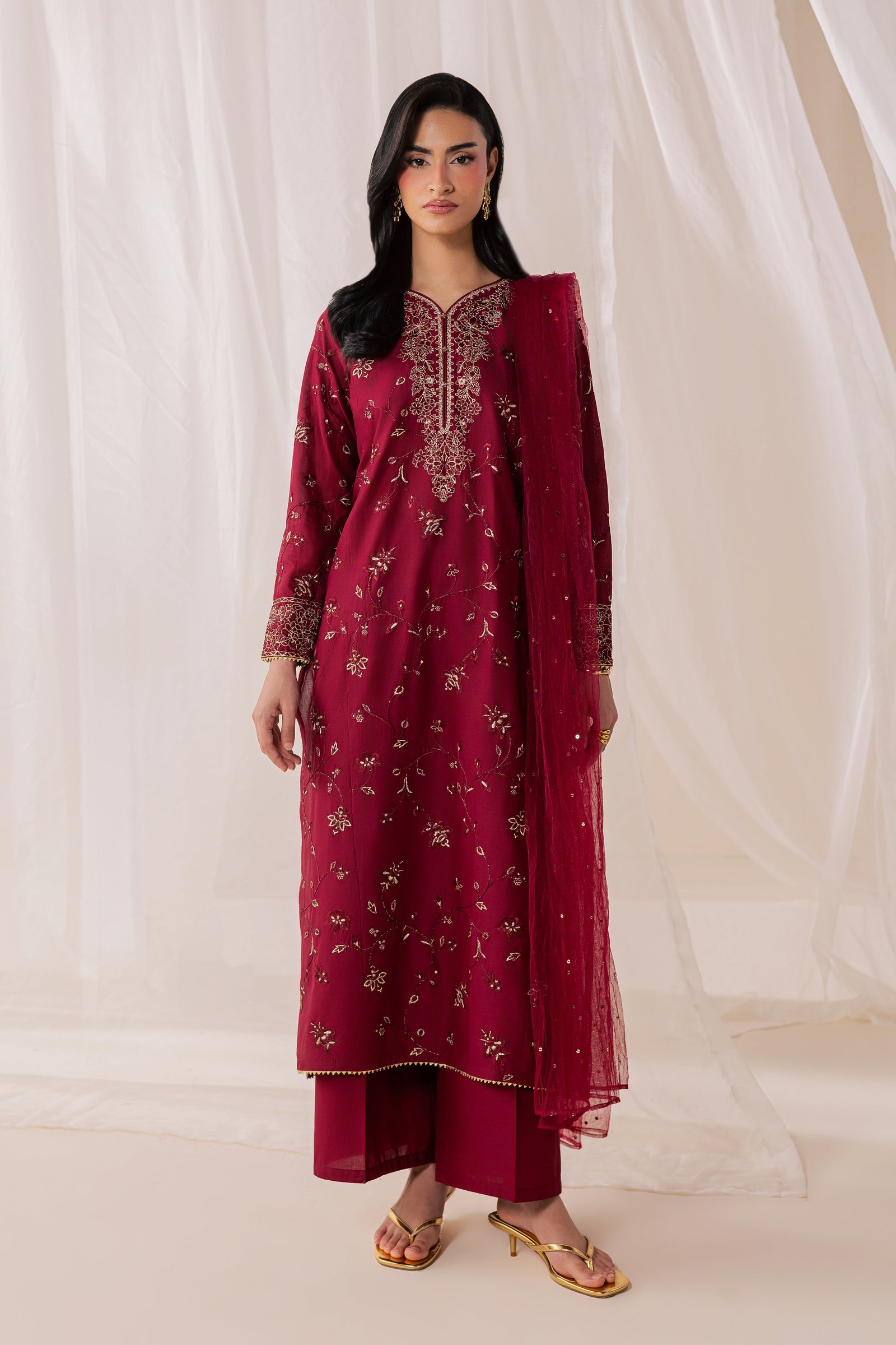 Red Asmara 3Pc - Luxury Embroidered Lawn BATIKSS26 BATIK XS / Merlot / Pima Lawn