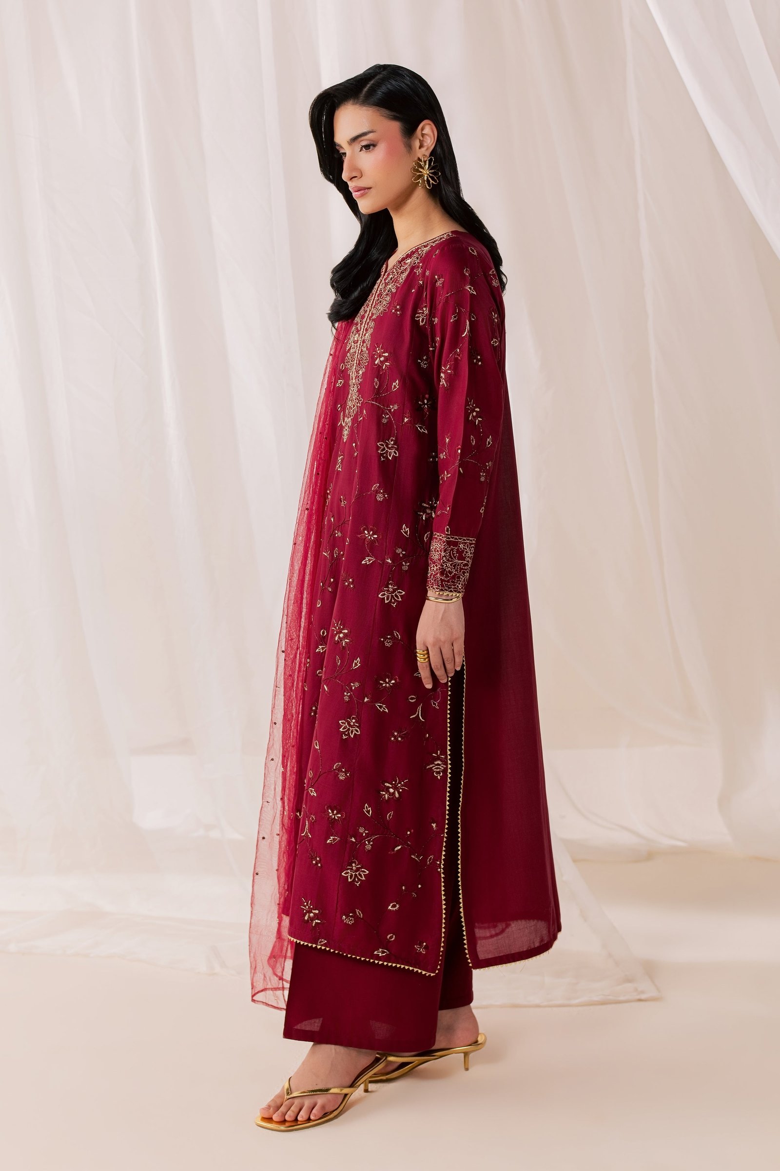 Red Asmara 3Pc - Luxury Embroidered Lawn BATIKSS26  BATIK   XS / Merlot / Pima Lawn