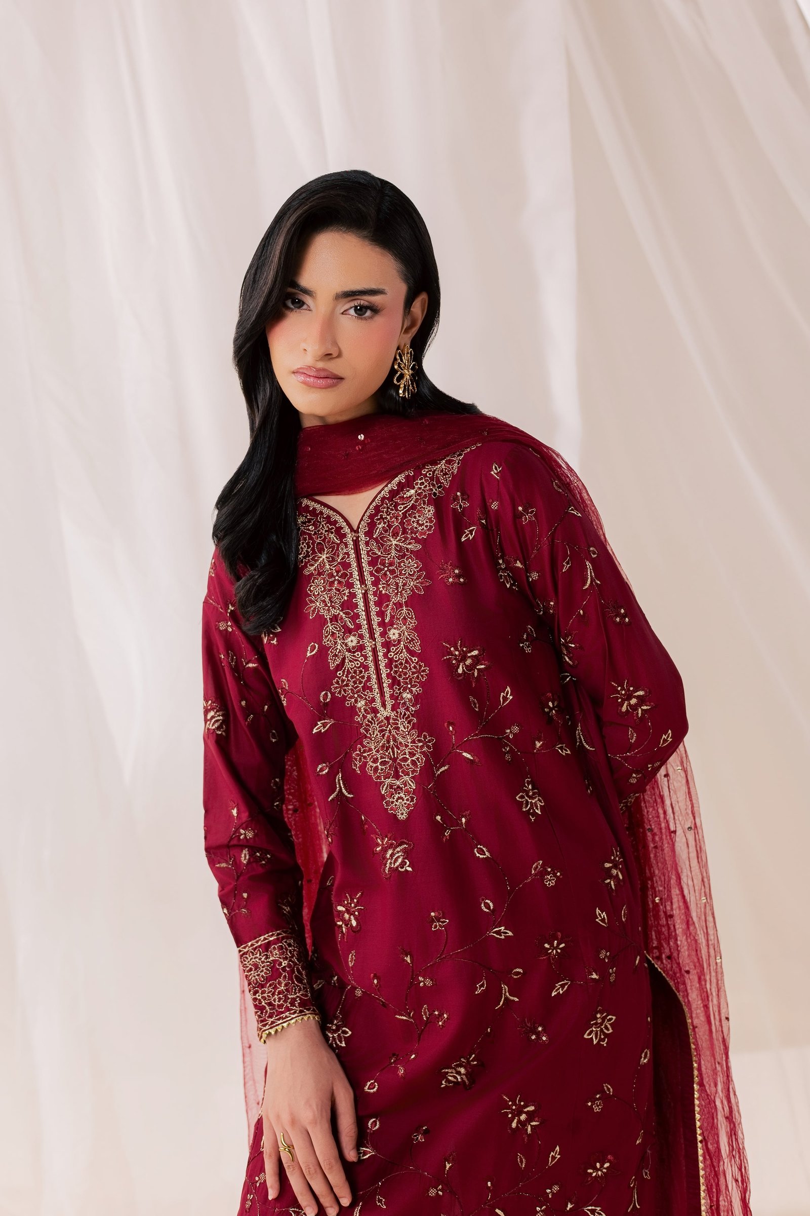 Red Asmara 3Pc - Luxury Embroidered Lawn BATIKSS26  BATIK   XS / Merlot / Pima Lawn