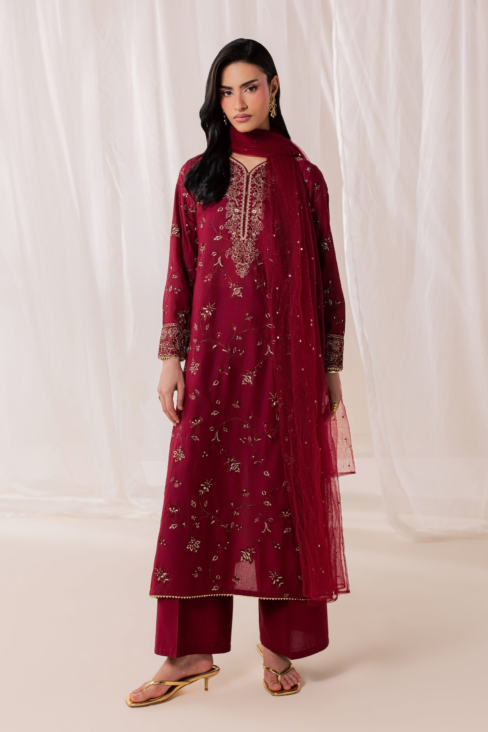 Red Asmara 3Pc - Luxury Embroidered Lawn BATIKSS26 BATIK XS / Merlot / Pima Lawn