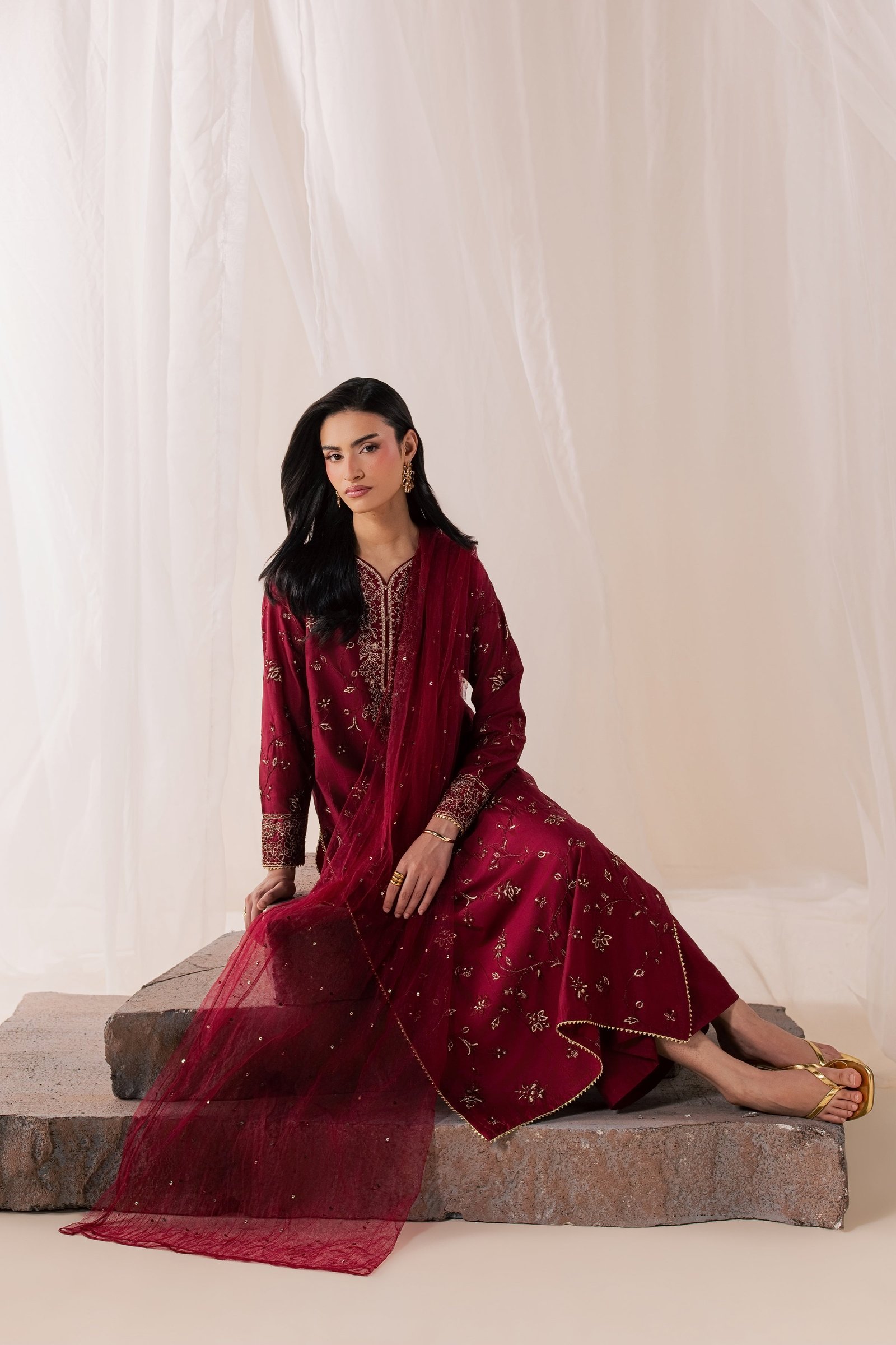 Red Asmara 3Pc - Luxury Embroidered Lawn BATIKSS26 BATIK XS / Merlot / Pima Lawn