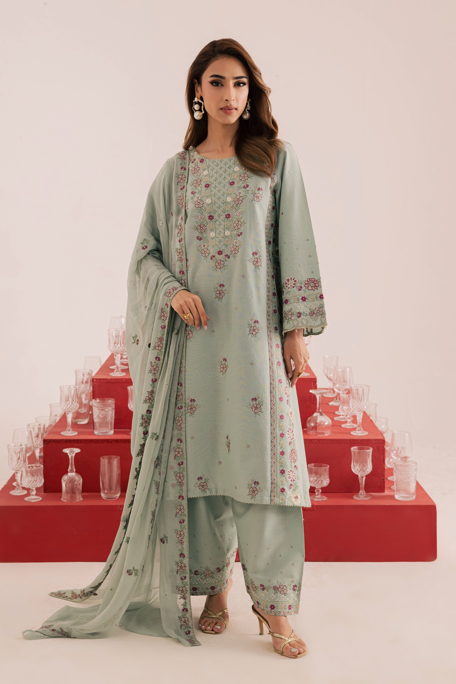 Reena 3Pc - Embroidered Khaddar Dress BATIK WINTER PRET 2025 BATIK XS / Ice Blue / Khaddar-S / Ice Blue / Khaddar-M / Ice Blue / Khaddar-L / Ice Blue / Khaddar-XL / Ice Blue / Khaddar