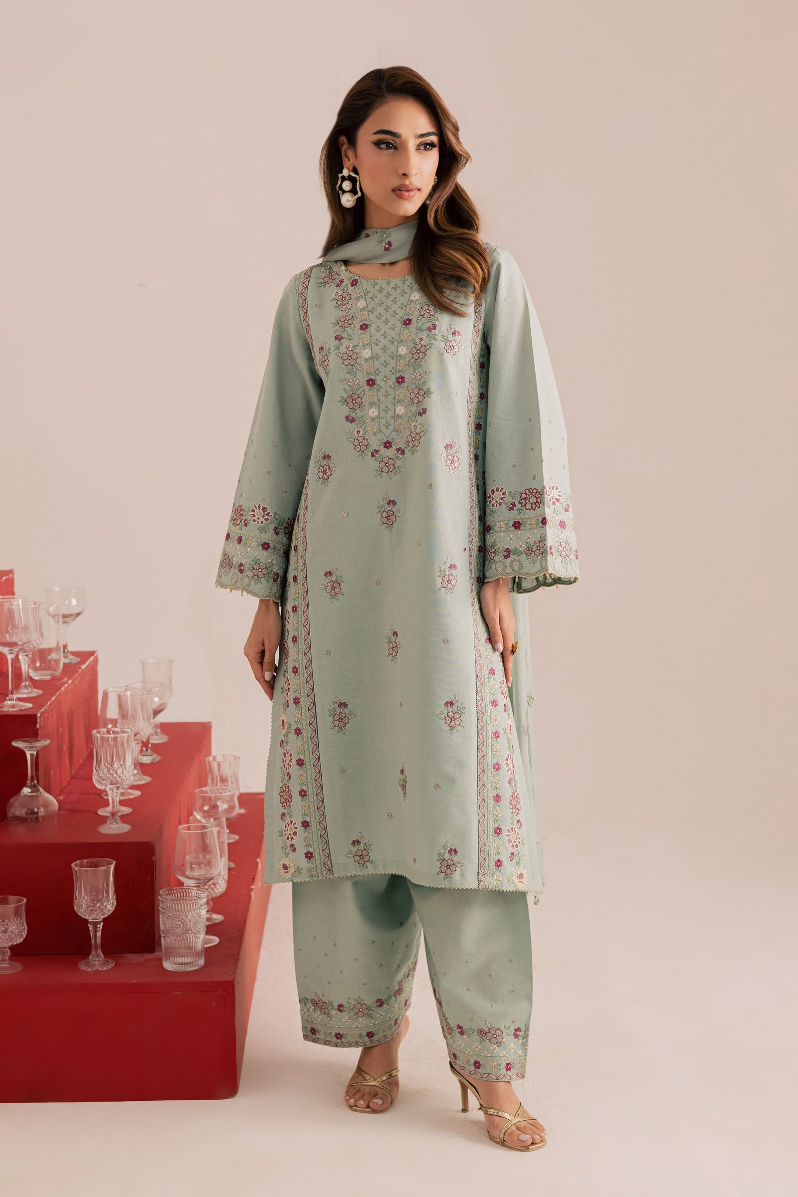 Reena 3Pc - Embroidered Khaddar Dress BATIK WINTER PRET 2025 BATIK XS / Ice Blue / Khaddar-S / Ice Blue / Khaddar-M / Ice Blue / Khaddar-L / Ice Blue / Khaddar-XL / Ice Blue / Khaddar