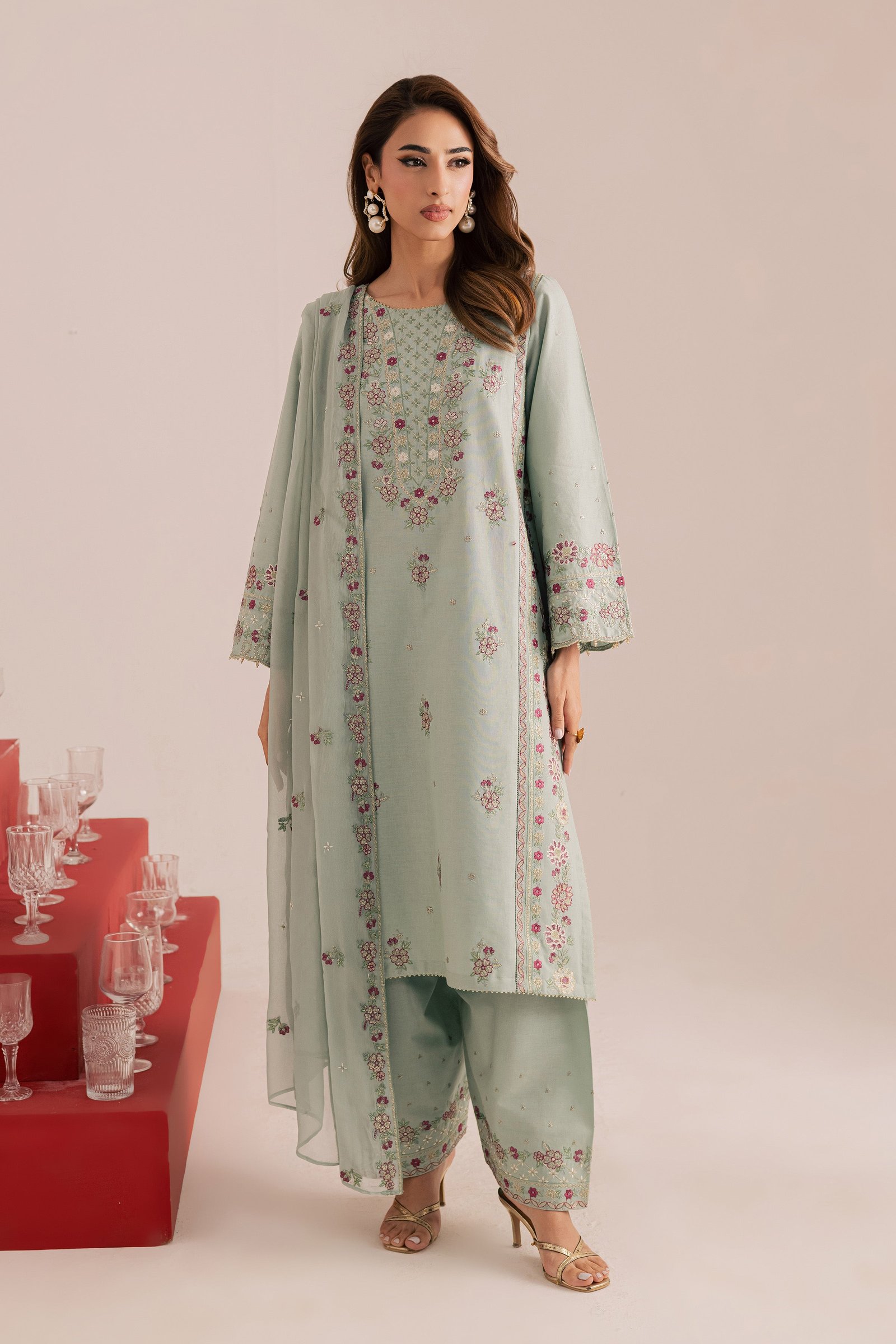 Reena 3Pc - Embroidered Khaddar Dress BATIK WINTER PRET 2025 BATIK XS / Ice Blue / Khaddar-S / Ice Blue / Khaddar-M / Ice Blue / Khaddar-L / Ice Blue / Khaddar-XL / Ice Blue / Khaddar