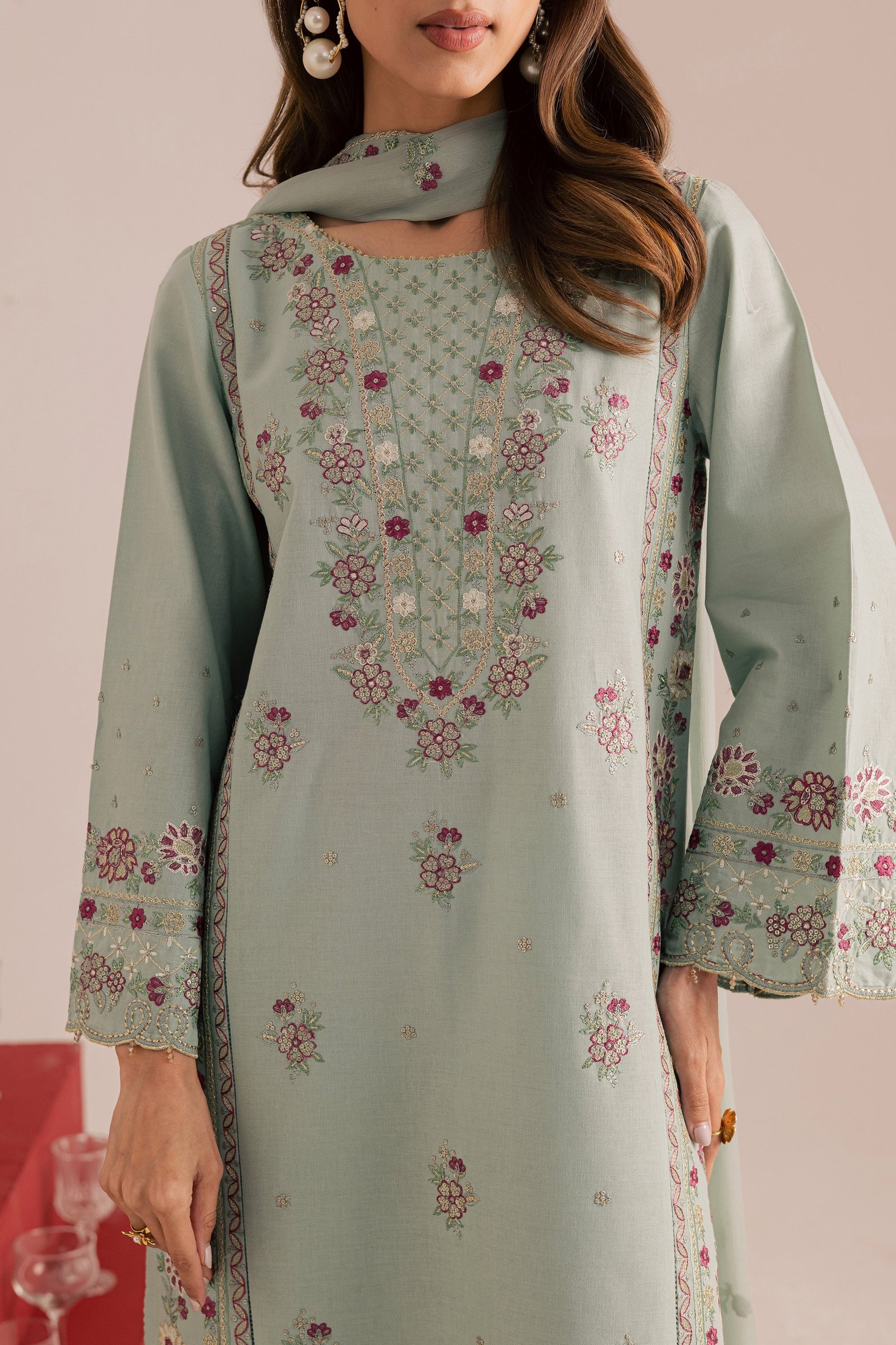 Reena 3Pc - Embroidered Khaddar Dress BATIK WINTER PRET 2025 BATIK XS / Ice Blue / Khaddar-S / Ice Blue / Khaddar-M / Ice Blue / Khaddar-L / Ice Blue / Khaddar-XL / Ice Blue / Khaddar