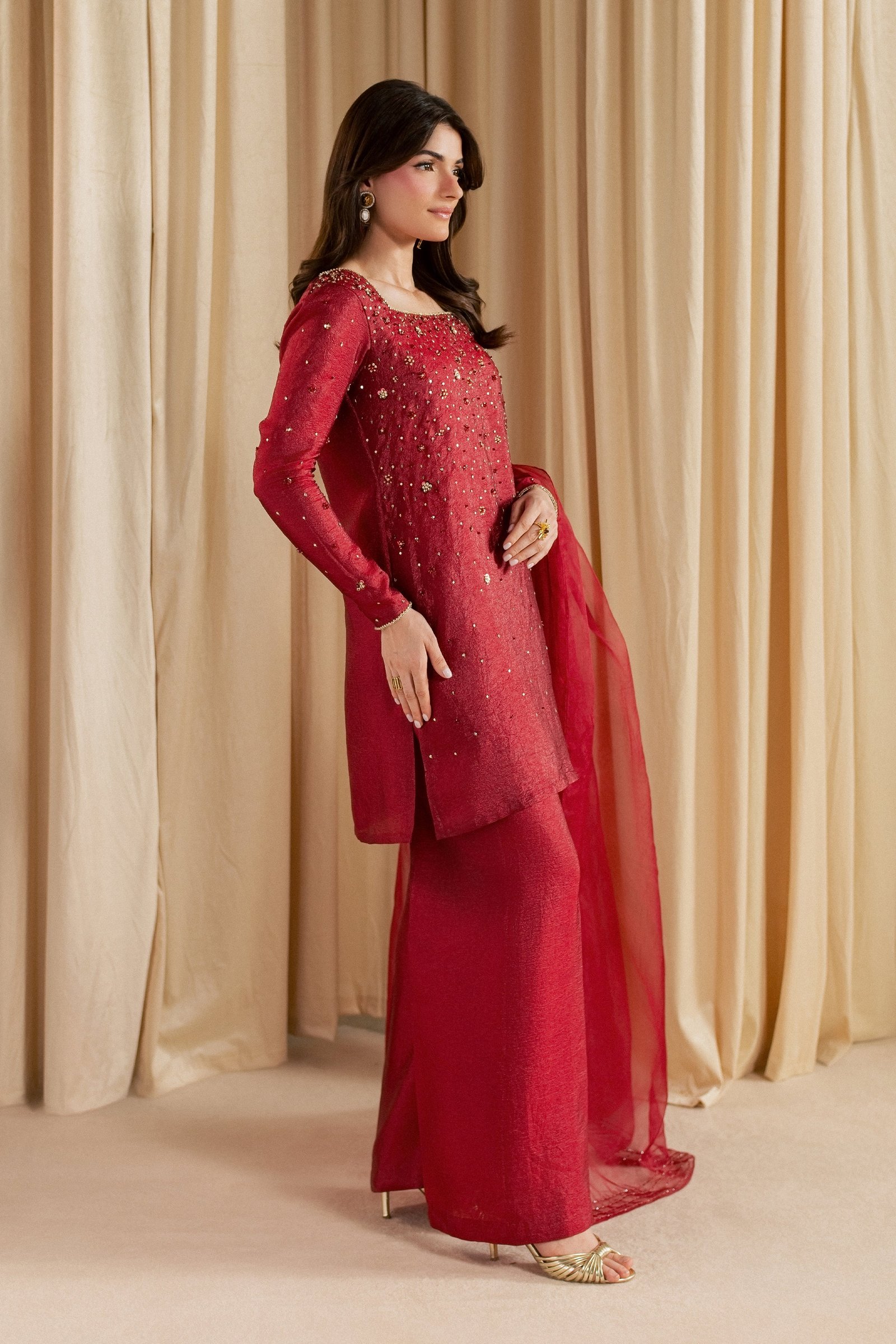 Ruby Stone 3Pc - Festive Luxe Pret STUDIOLUXEAUG26  BATIK   S / Maroon / Moss Silk