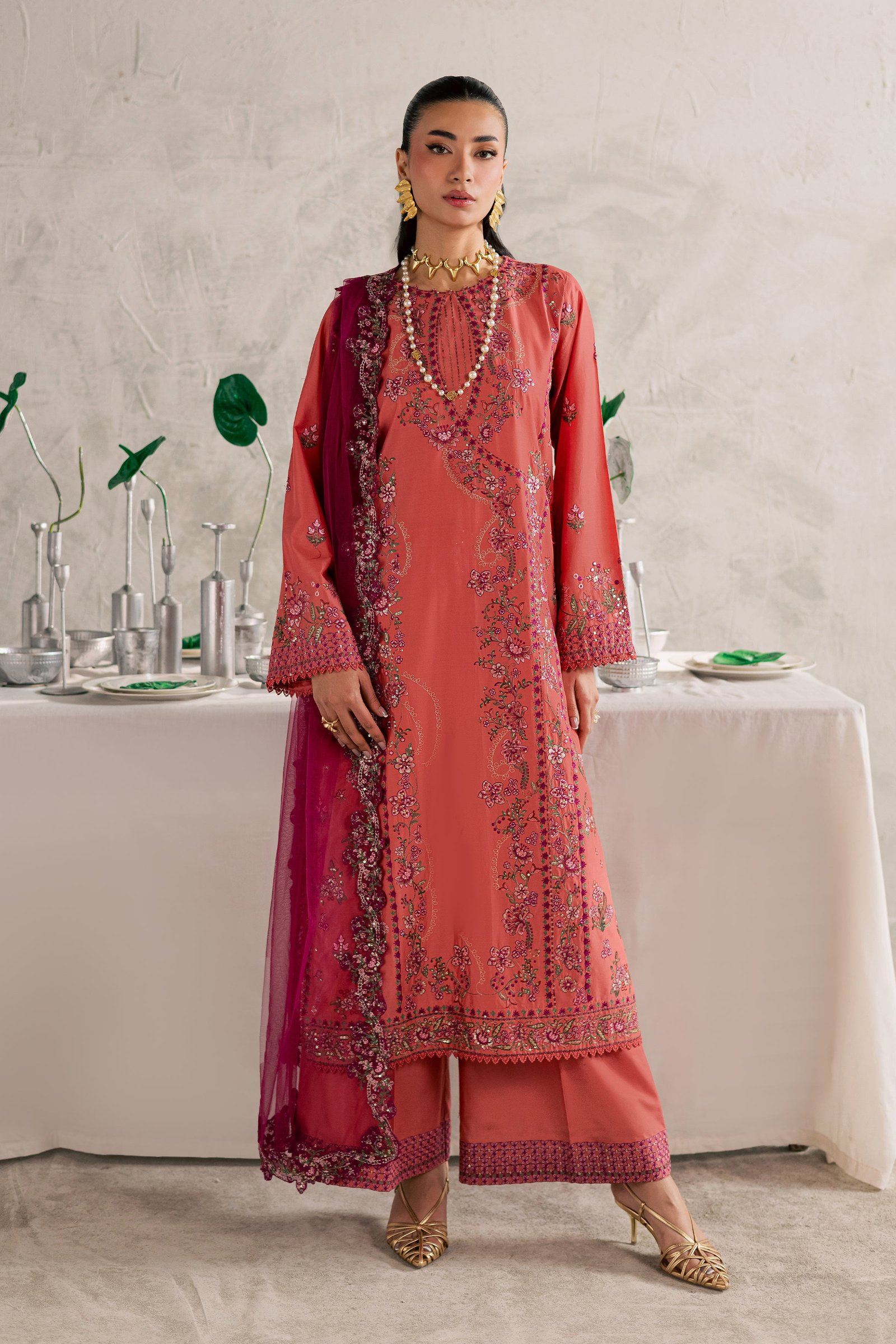 Rust Nazneen 3Pc - Festive Embroidered Lawn BATIKEID2026 BATIK XS / Mineral Red / Pima Lawn-S / Mineral Red / Pima Lawn-M / Mineral Red / Pima Lawn-L / Mineral Red / Pima Lawn-XL / Mineral Red / Pima Lawn