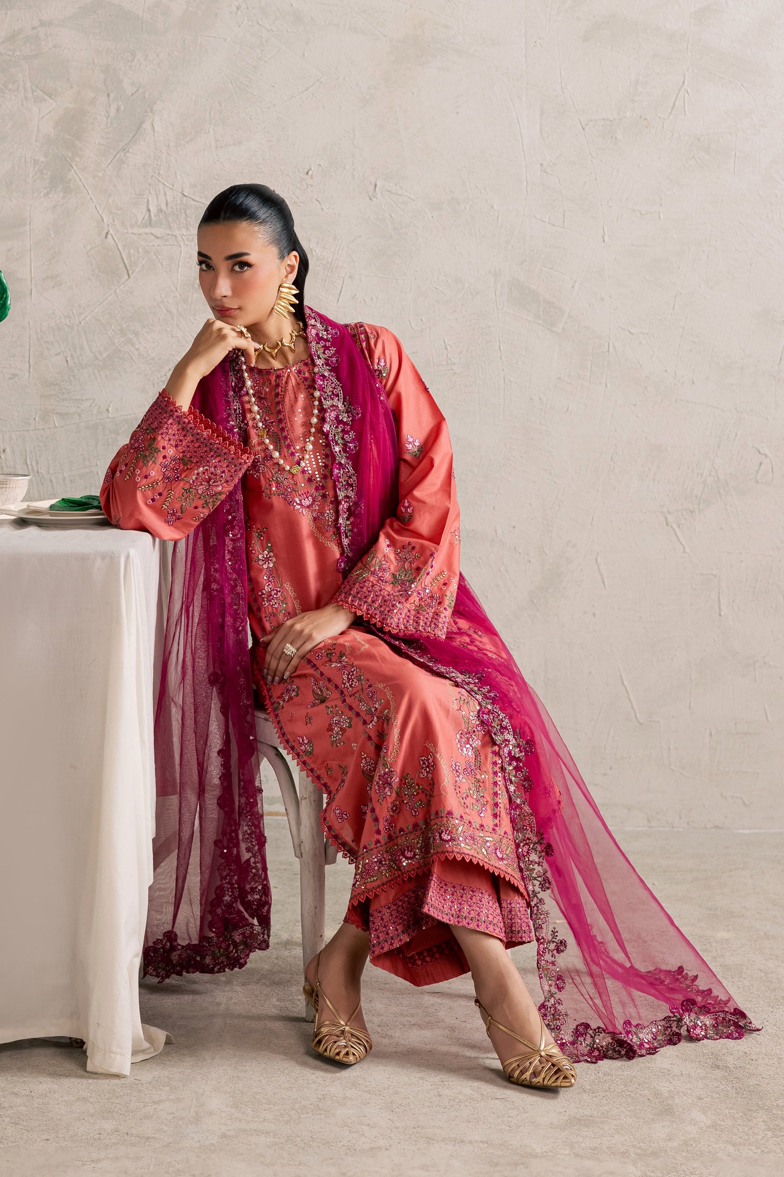 Rust Nazneen 3Pc - Festive Embroidered Lawn BATIKEID2026 BATIK XS / Mineral Red / Pima Lawn-S / Mineral Red / Pima Lawn-M / Mineral Red / Pima Lawn-L / Mineral Red / Pima Lawn-XL / Mineral Red / Pima Lawn