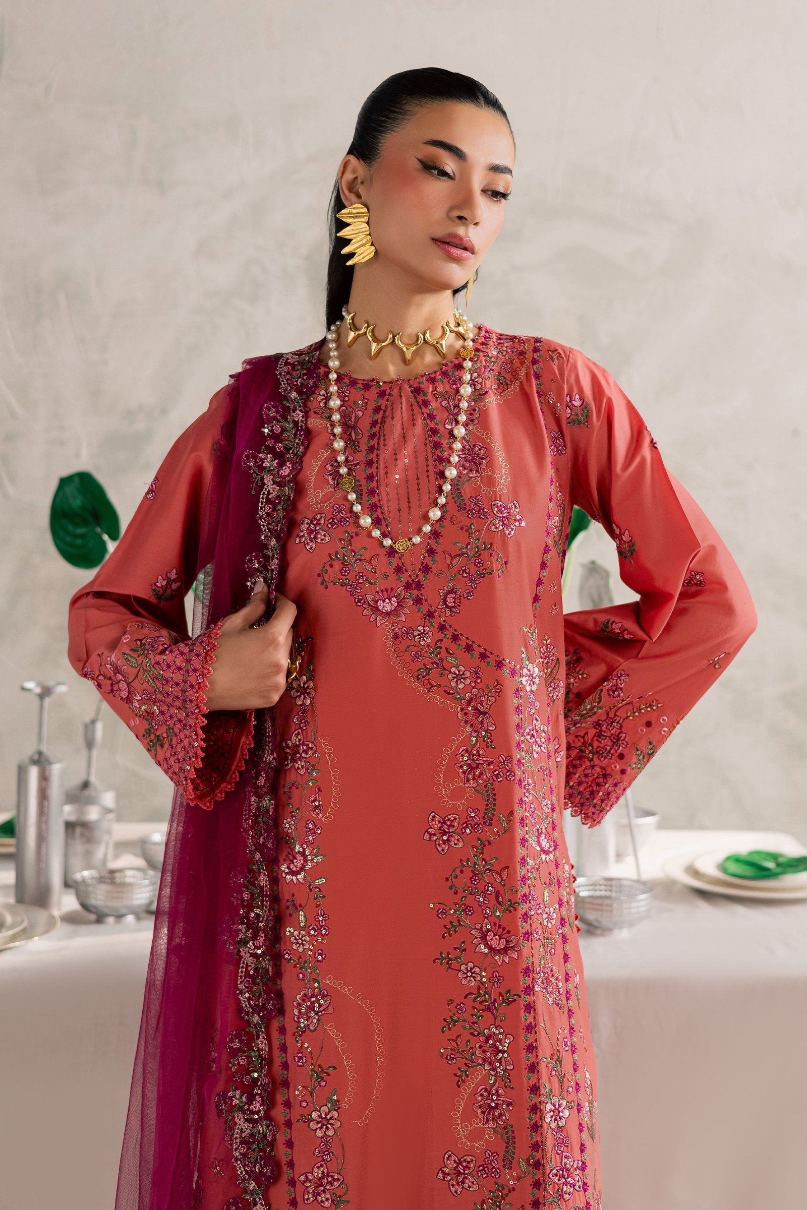 Rust Nazneen 3Pc - Festive Embroidered Lawn BATIKEID2026 BATIK XS / Mineral Red / Pima Lawn-S / Mineral Red / Pima Lawn-M / Mineral Red / Pima Lawn-L / Mineral Red / Pima Lawn-XL / Mineral Red / Pima Lawn