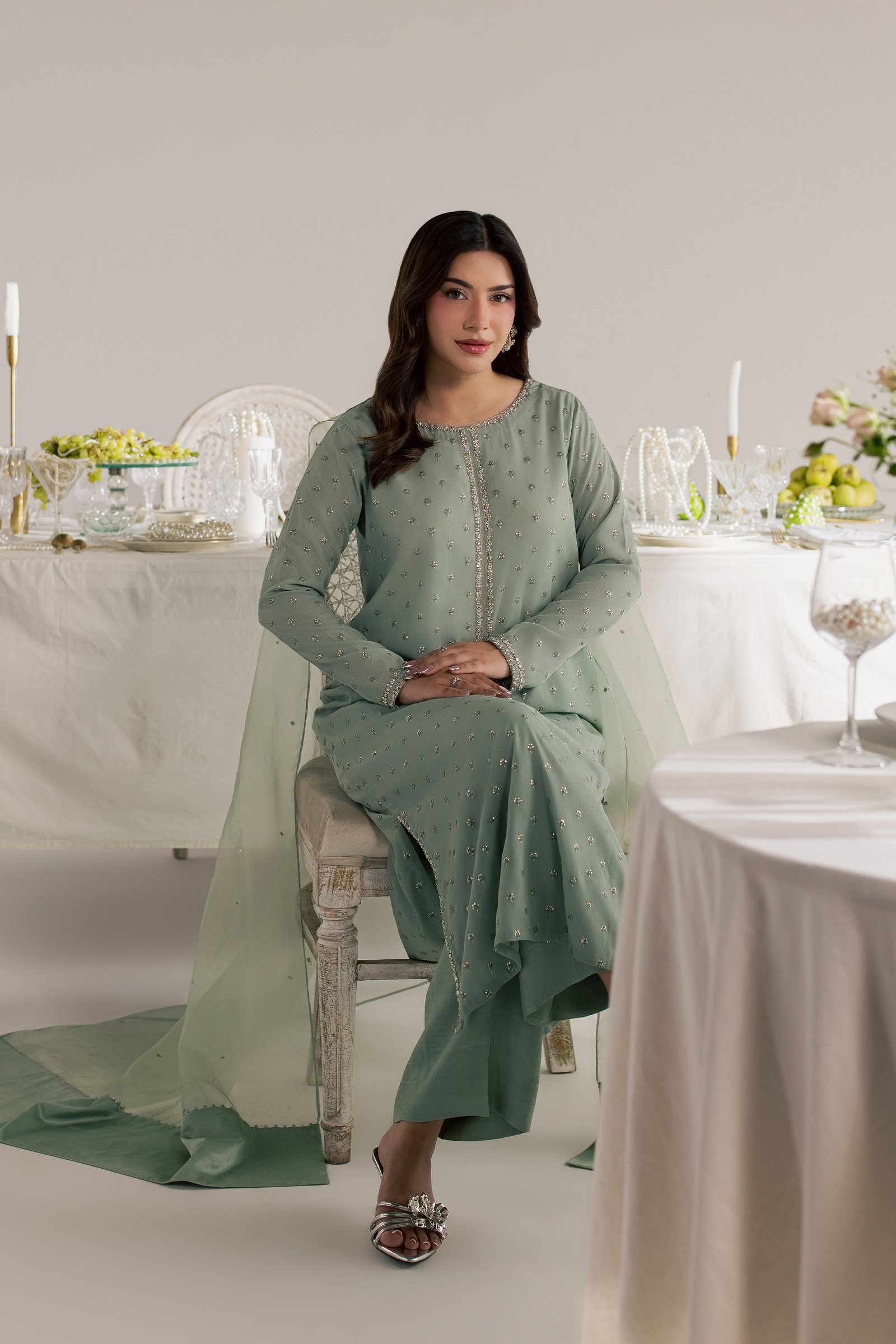 Sage Zaraa 3Pc - Festive Luxe Pret STUDIOLUXEAUG26  BATIK   S / Pistachio / Zari Crinkle