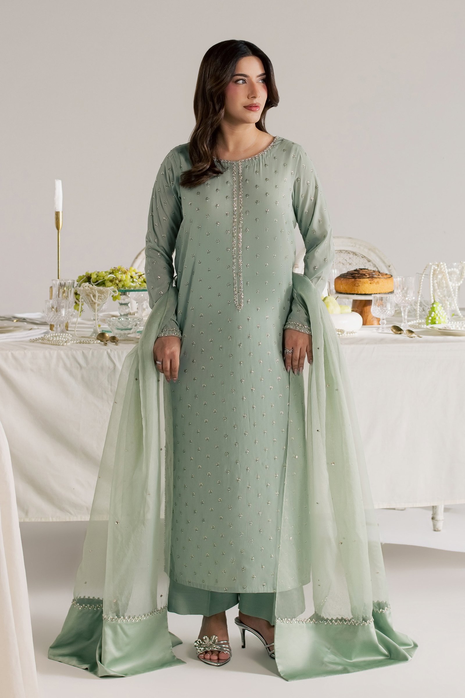 Sage Zaraa 3Pc - Festive Luxe Pret STUDIOLUXEAUG26 BATIK S / Pistachio / Zari Crinkle