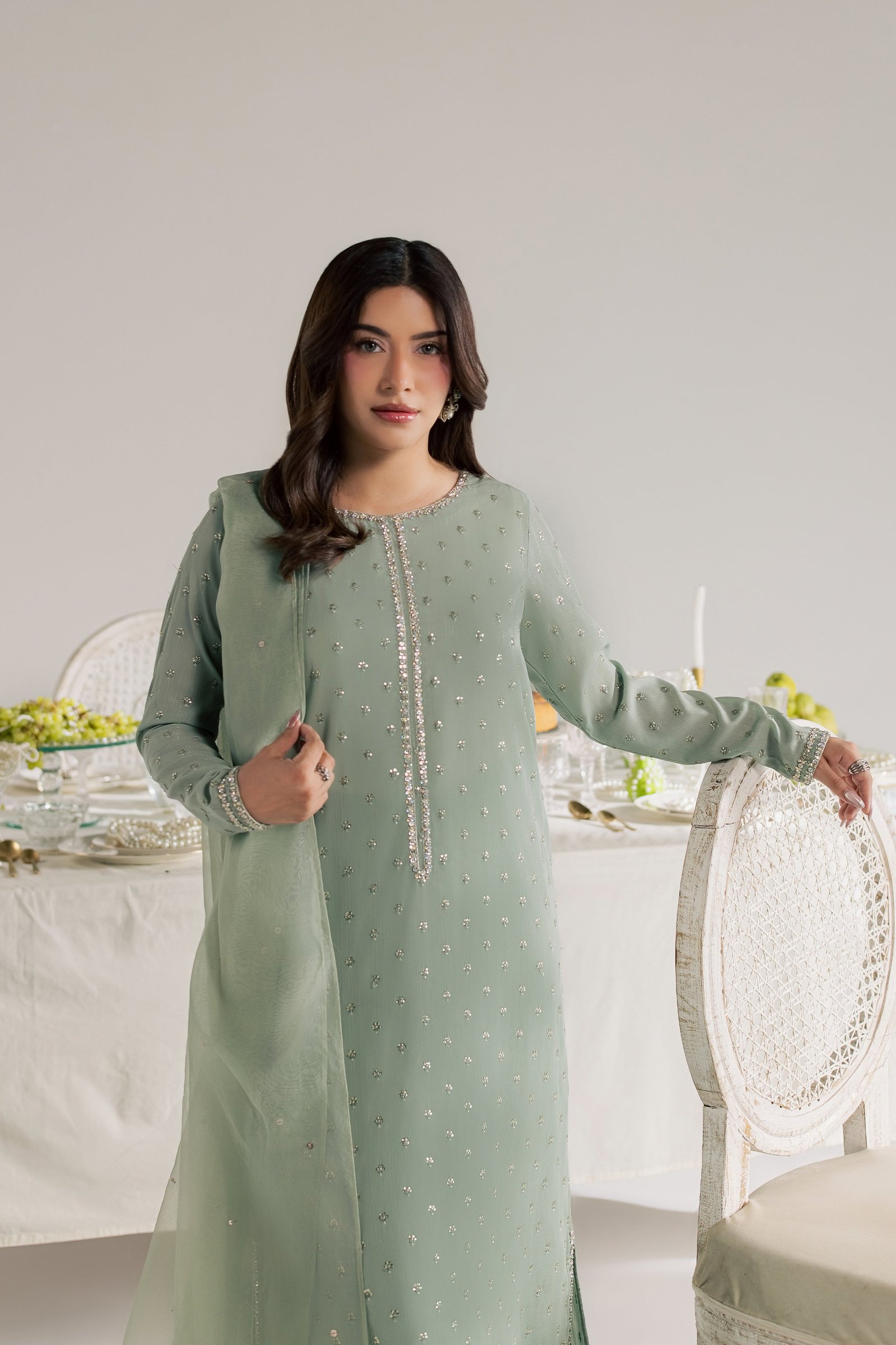 Sage Zaraa 3Pc - Festive Luxe Pret STUDIOLUXEAUG26  BATIK   S / Pistachio / Zari Crinkle