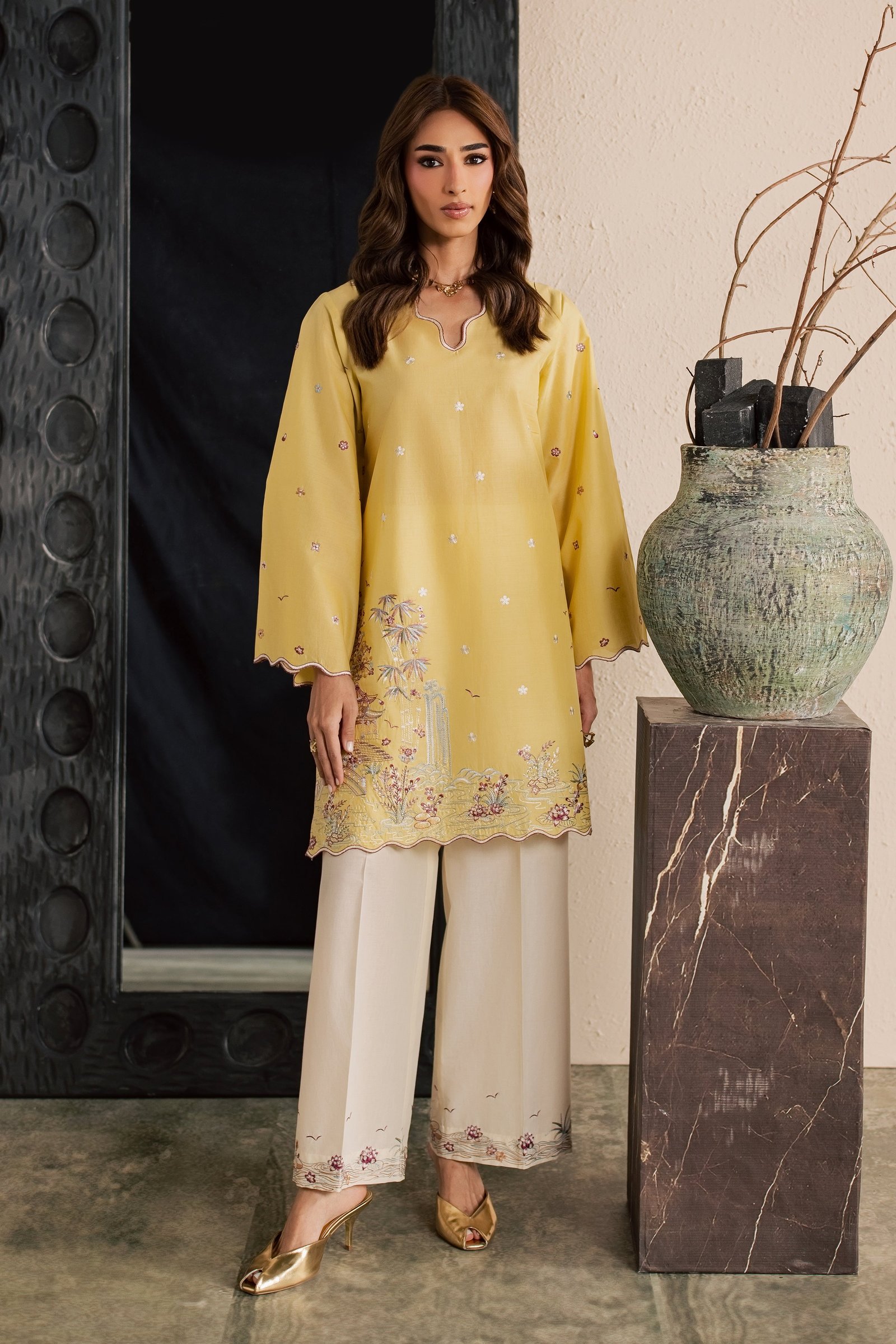 Second Spring 2Pc - Embroidered Lawn Dress EverydayEdit26 BATIK XS / Ochre / Pima Lawn-S / Ochre / Pima Lawn-M / Ochre / Pima Lawn-L / Ochre / Pima Lawn-XL / Ochre / Pima Lawn