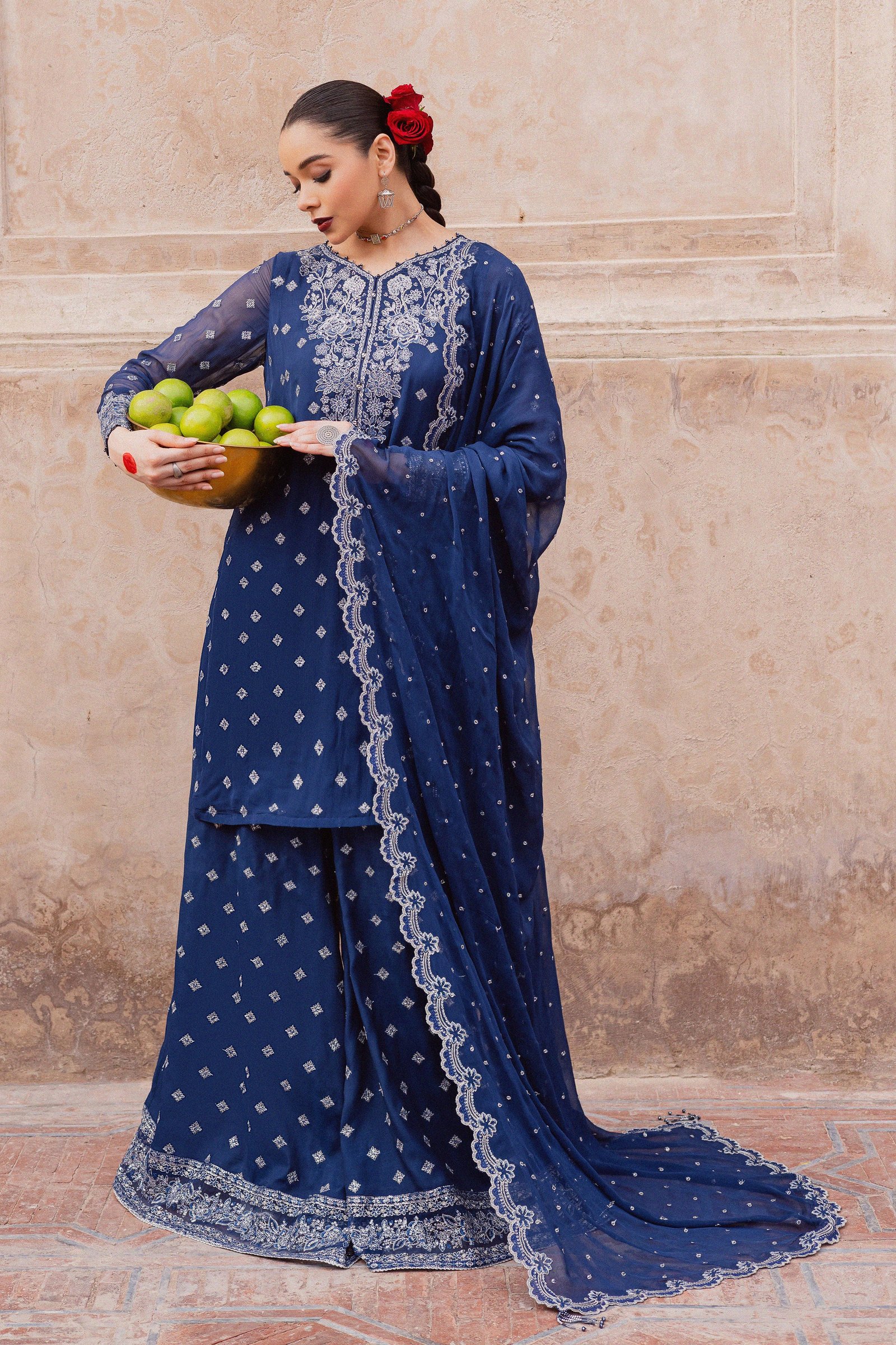  Sereene Sapphire 3Pc - Festive Luxe Pret BATIKLuxePRET  BATIK   XS / Royal Blue / Chiffon & Raw Silk-S / Royal Blue / Chiffon & Raw Silk-M / Royal Blue / Chiffon & Raw Silk-L / Royal Blue / Chiffon & Raw Silk-XL / Royal Blue / Chiffon & Raw Silk