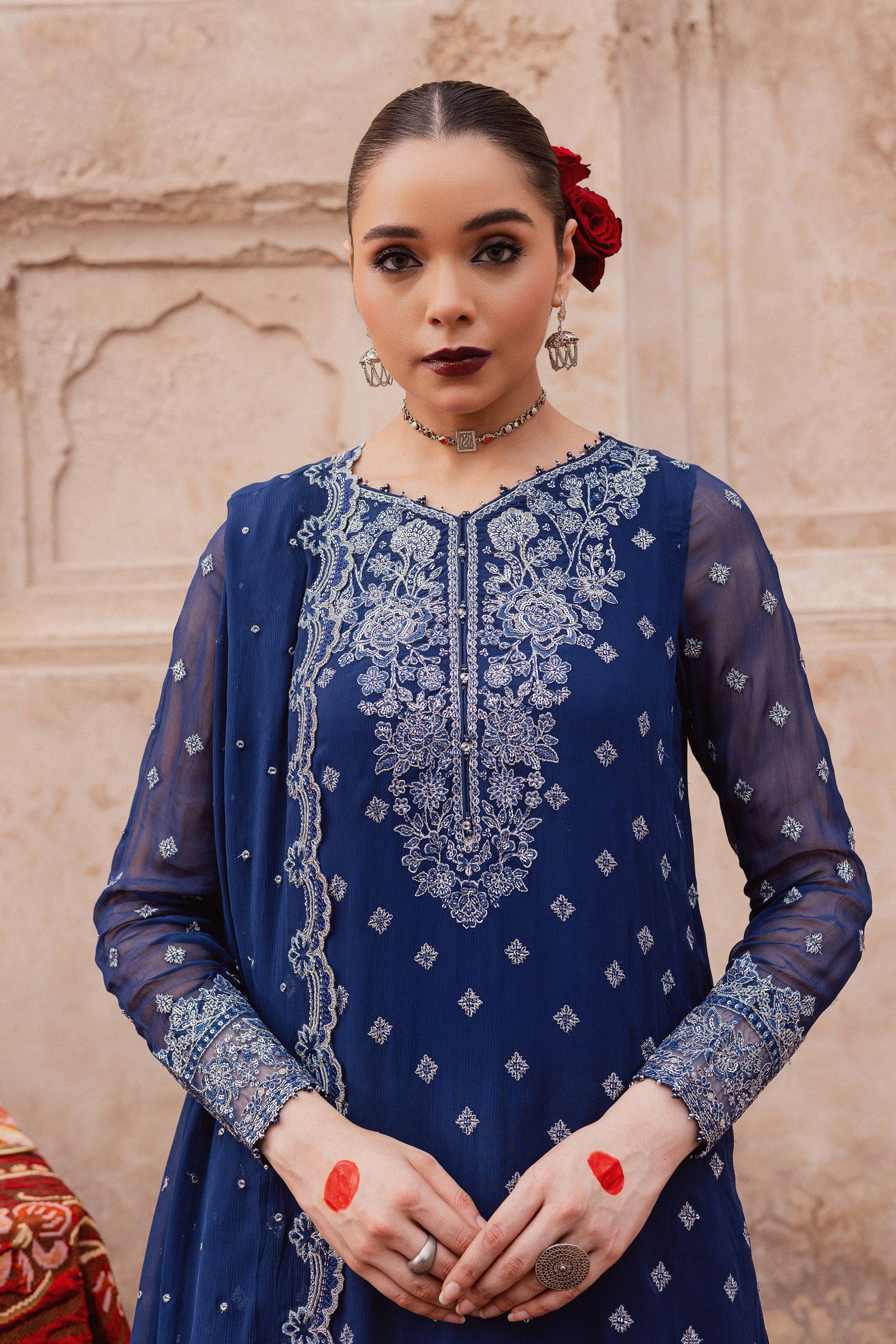 Sereene Sapphire 3Pc - Festive Luxe Pret BATIKLuxePRET BATIK XS / Royal Blue / Chiffon & Raw Silk-S / Royal Blue / Chiffon & Raw Silk-M / Royal Blue / Chiffon & Raw Silk-L / Royal Blue / Chiffon & Raw Silk-XL / Royal Blue / Chiffon & Raw Silk