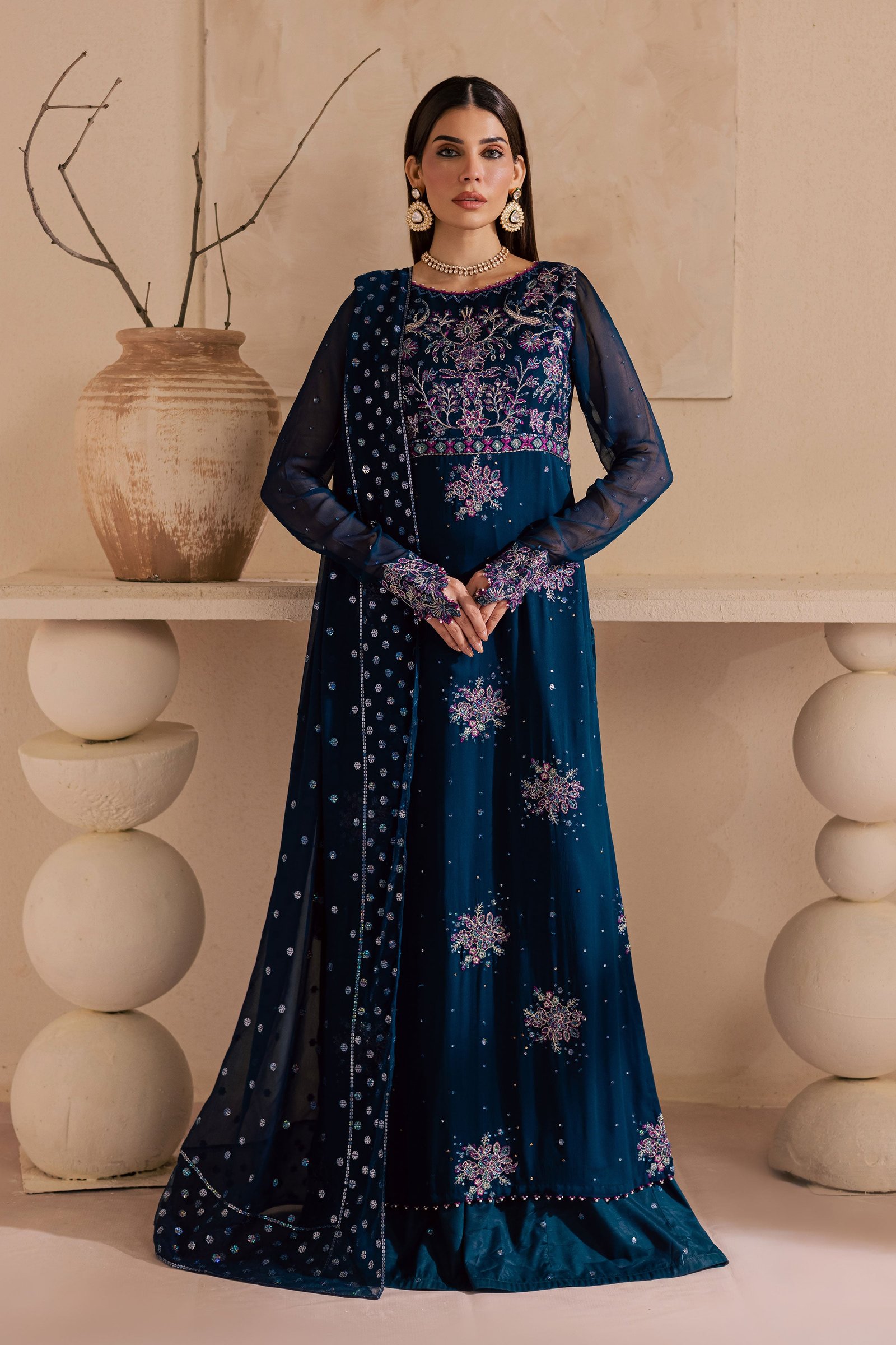Sham e Falak 3Pc - Embroidered Luxe Pret BATIKLuxePRET2025 BATIK XS / Midnight Blue / Crinkle & Raw Silk-S / Midnight Blue / Crinkle & Raw Silk-M / Midnight Blue / Crinkle & Raw Silk-L / Midnight Blue / Crinkle & Raw Silk-XL / Midnight Blue / Crinkle & Raw Silk