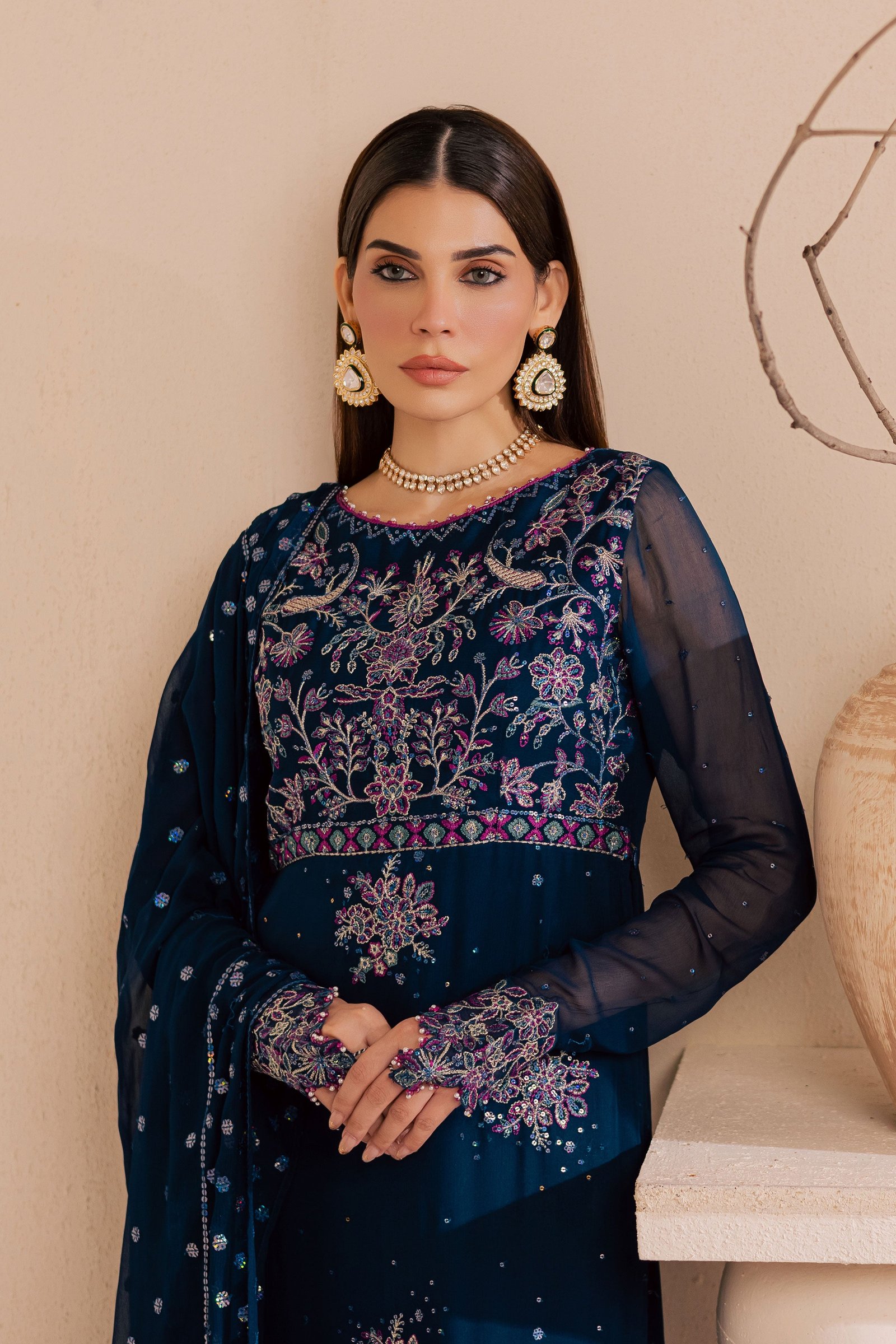 Sham e Falak 3Pc - Embroidered Luxe Pret BATIKLuxePRET2025 BATIK XS / Midnight Blue / Crinkle & Raw Silk-S / Midnight Blue / Crinkle & Raw Silk-M / Midnight Blue / Crinkle & Raw Silk-L / Midnight Blue / Crinkle & Raw Silk-XL / Midnight Blue / Crinkle & Raw Silk