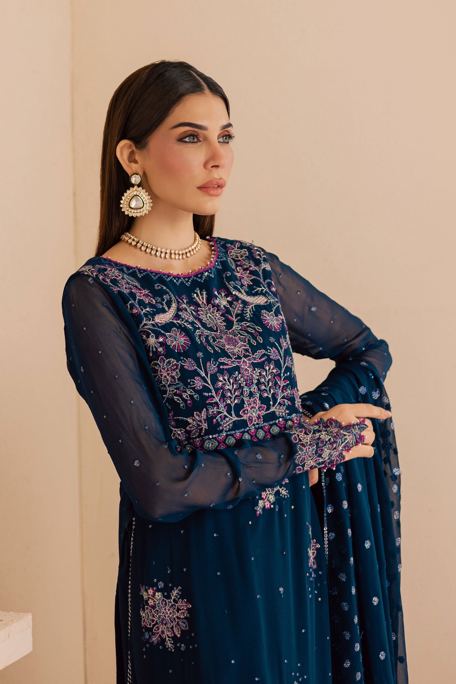 Sham e Falak 3Pc - Embroidered Luxe Pret BATIKLuxePRET2025 BATIK XS / Midnight Blue / Crinkle & Raw Silk-S / Midnight Blue / Crinkle & Raw Silk-M / Midnight Blue / Crinkle & Raw Silk-L / Midnight Blue / Crinkle & Raw Silk-XL / Midnight Blue / Crinkle & Raw Silk