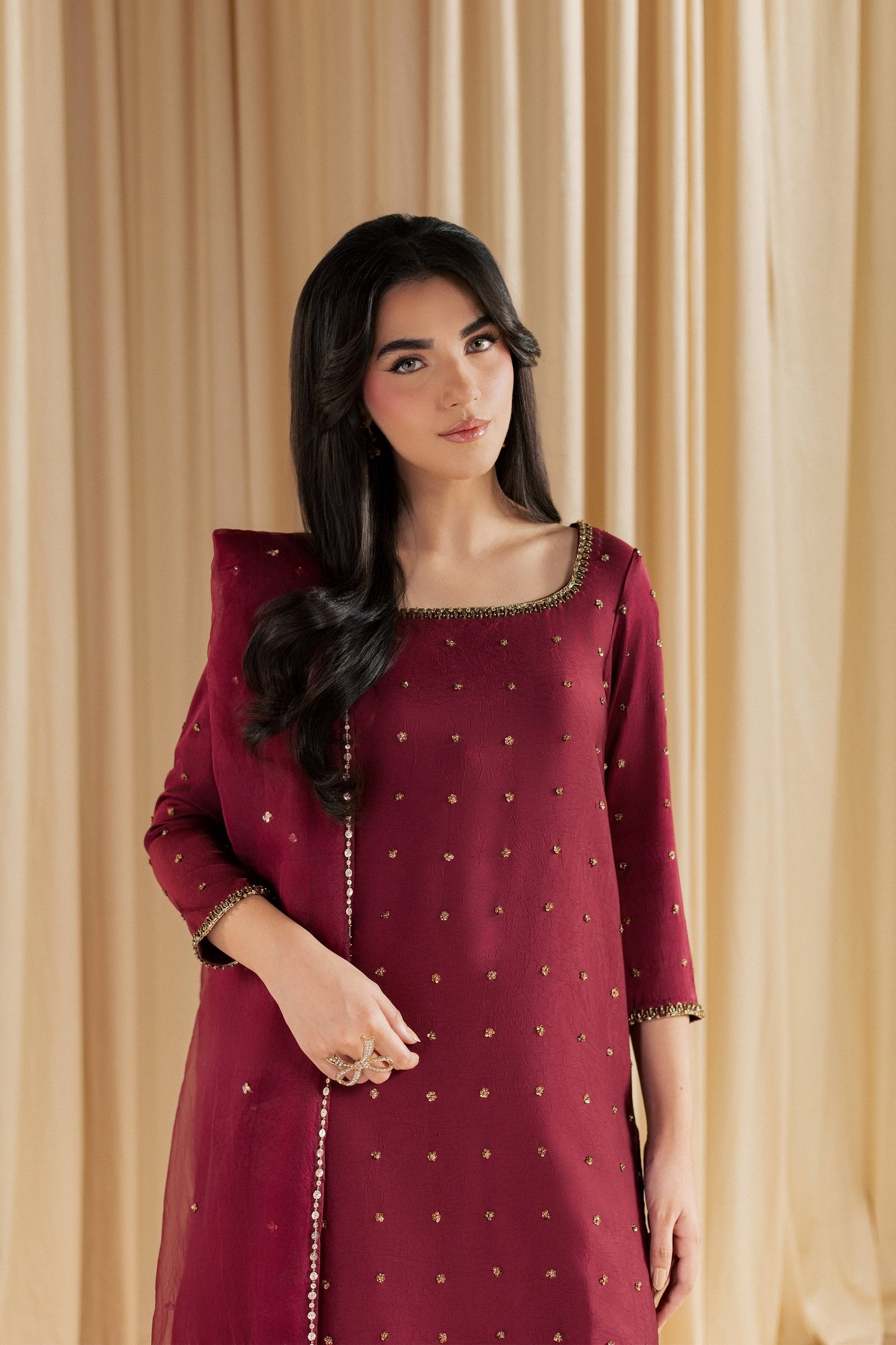 Simab 3Pc - Festive Luxe Pret STUDIOLUXEAUG26  BATIK   S / Burgundy / Textured Grip
