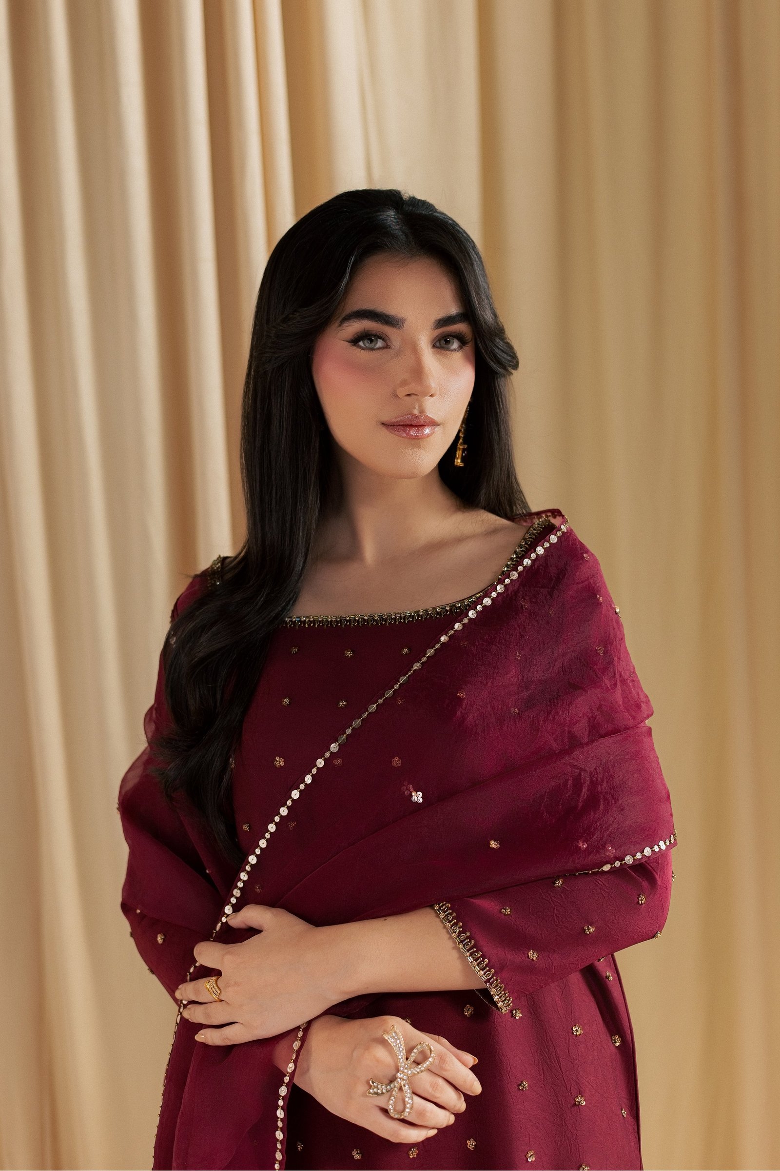 Simab 3Pc - Festive Luxe Pret STUDIOLUXEAUG26  BATIK   S / Burgundy / Textured Grip