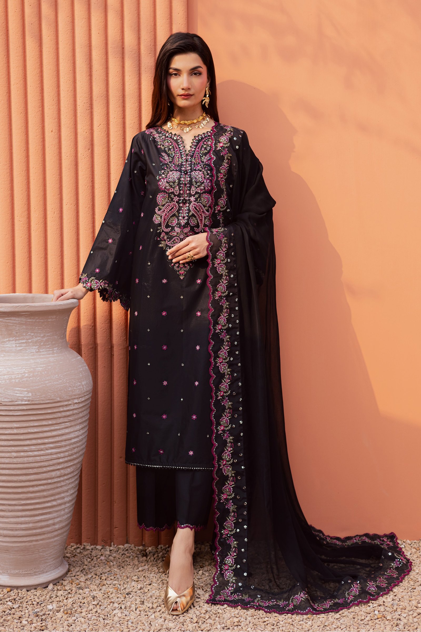 Unaiza 3Pc - Festive Embroidered Lawn BATIKEID2026 BATIK XS / Black / Giza-S / Black / Giza-M / Black / Giza-L / Black / Giza-XL / Black / Giza