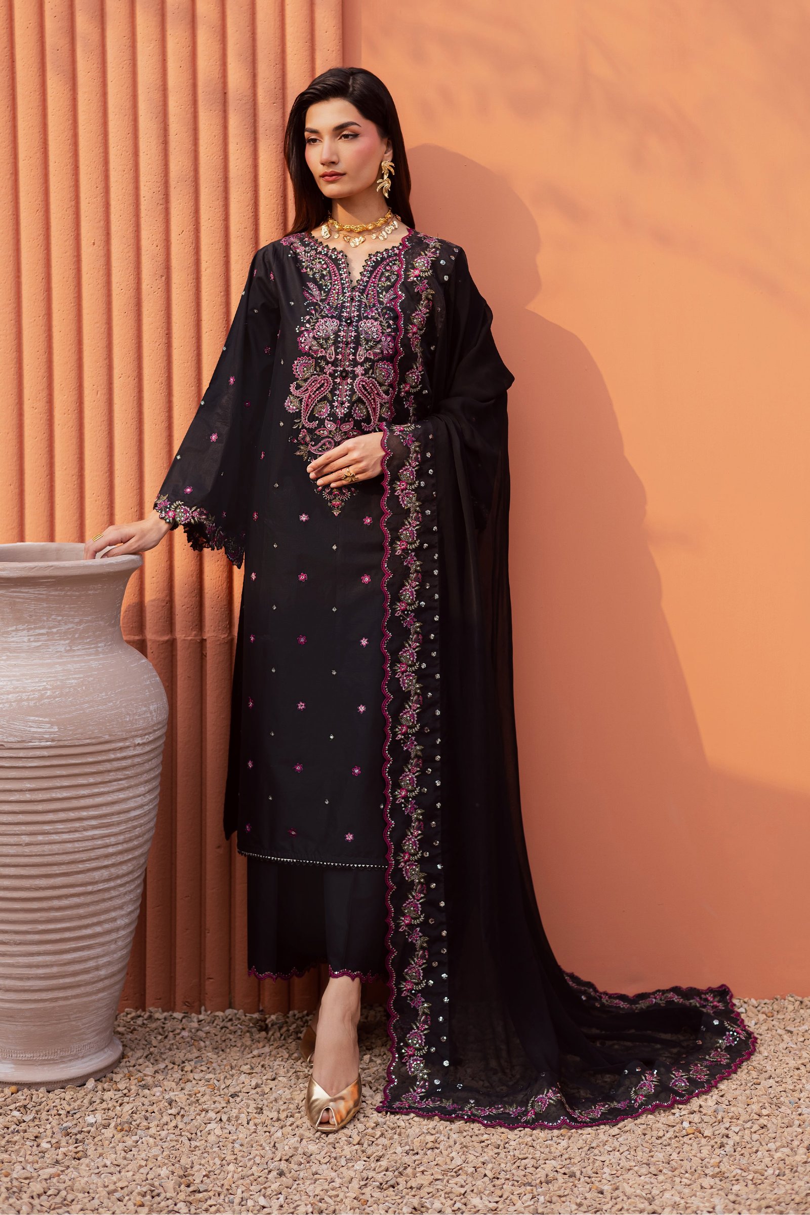 Unaiza 3Pc - Festive Embroidered Lawn BATIKEID2026 BATIK XS / Black / Giza-S / Black / Giza-M / Black / Giza-L / Black / Giza-XL / Black / Giza