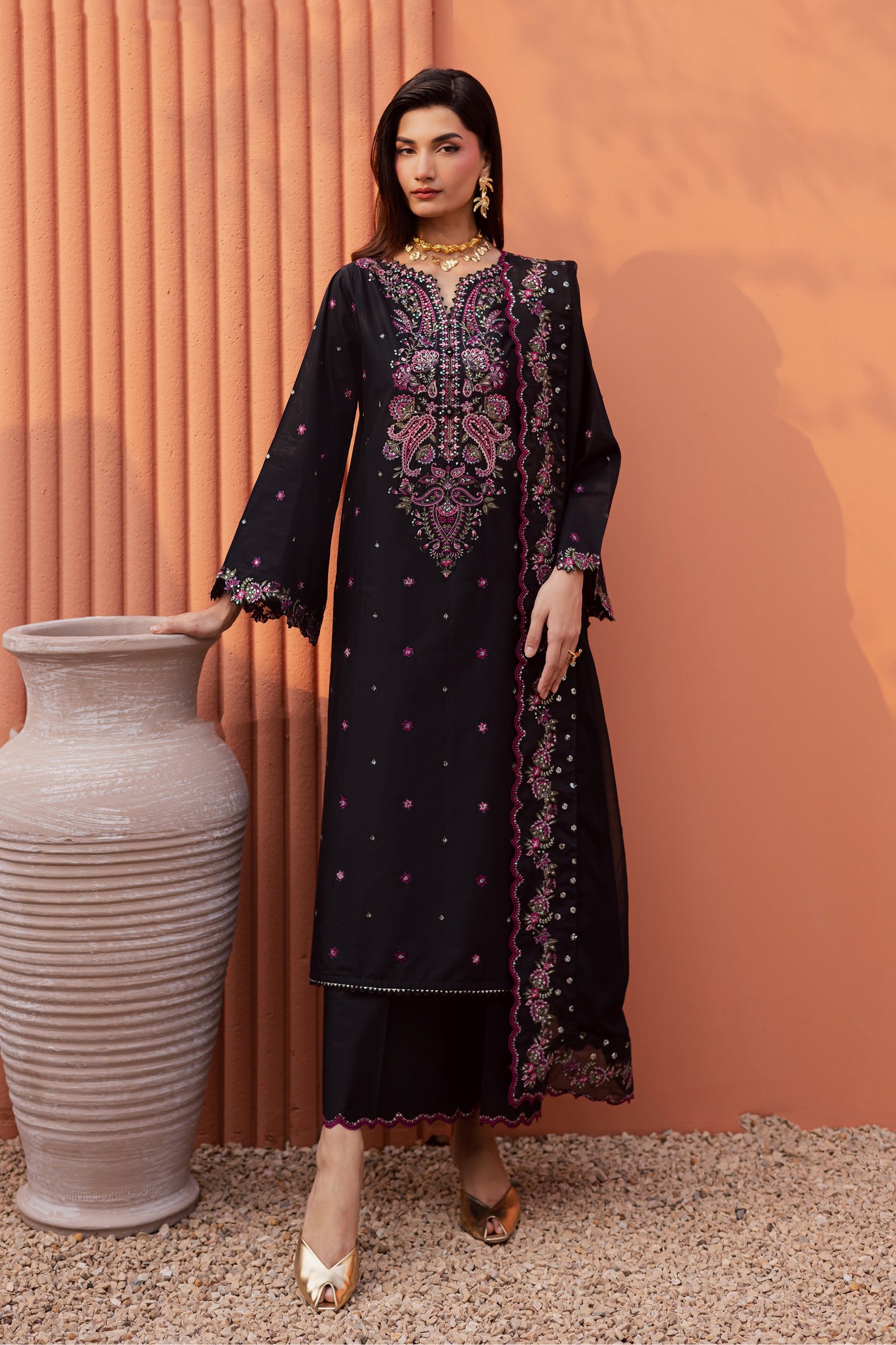 Unaiza 3Pc - Festive Embroidered Lawn BATIKEID2026 BATIK XS / Black / Giza-S / Black / Giza-M / Black / Giza-L / Black / Giza-XL / Black / Giza