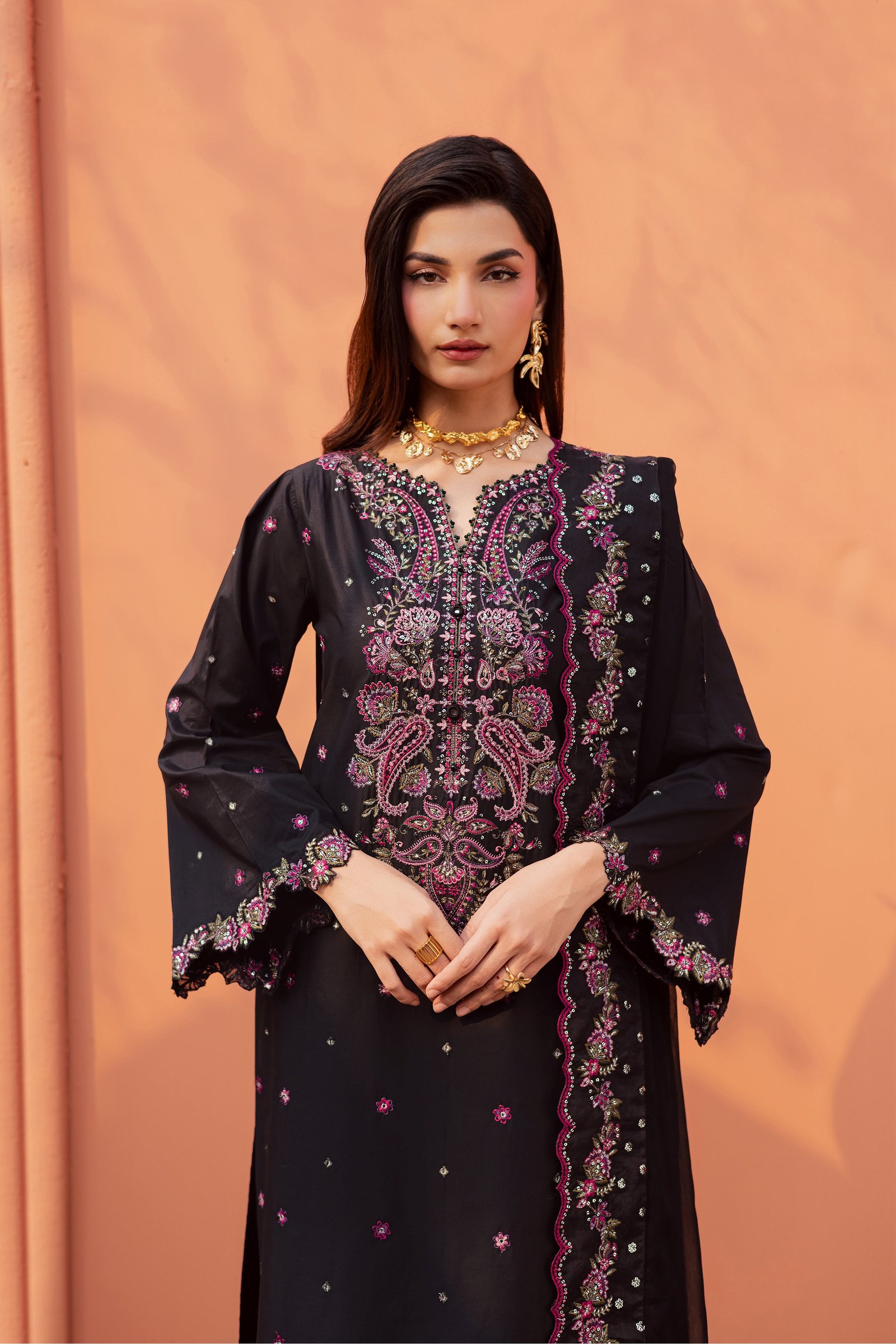 Unaiza 3Pc - Festive Embroidered Lawn BATIKEID2026 BATIK XS / Black / Giza-S / Black / Giza-M / Black / Giza-L / Black / Giza-XL / Black / Giza