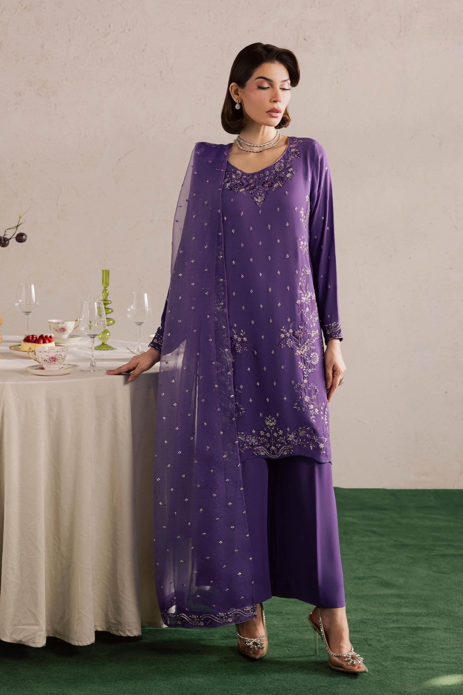 Zareen 3Pc - Festive Luxury Formal BATIKSS26 BATIK S / Lilac Purple / Georgette-M / Lilac Purple / Georgette-L / Lilac Purple / Georgette