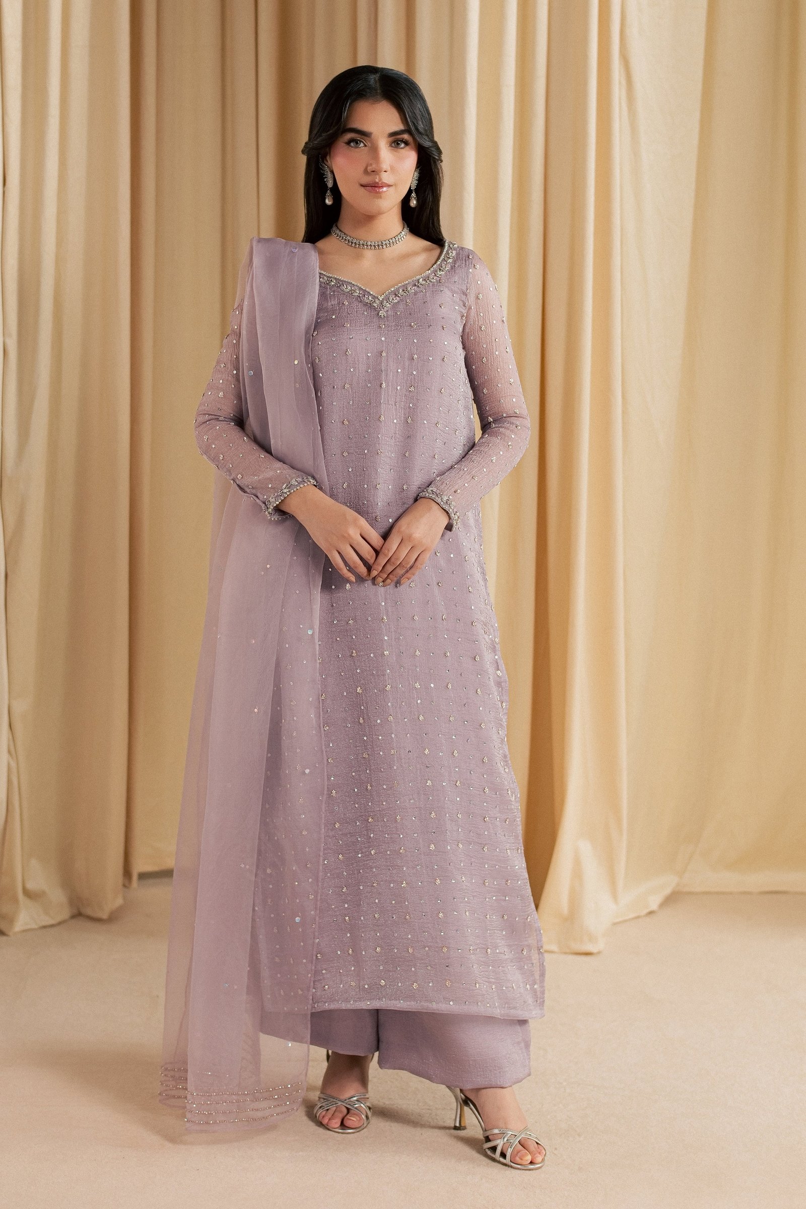 Zinnia Bloom 3Pc - Festive Luxe Pret STUDIOLUXEAUG26 BATIK S / Lilac / Shimmer Silk Organza