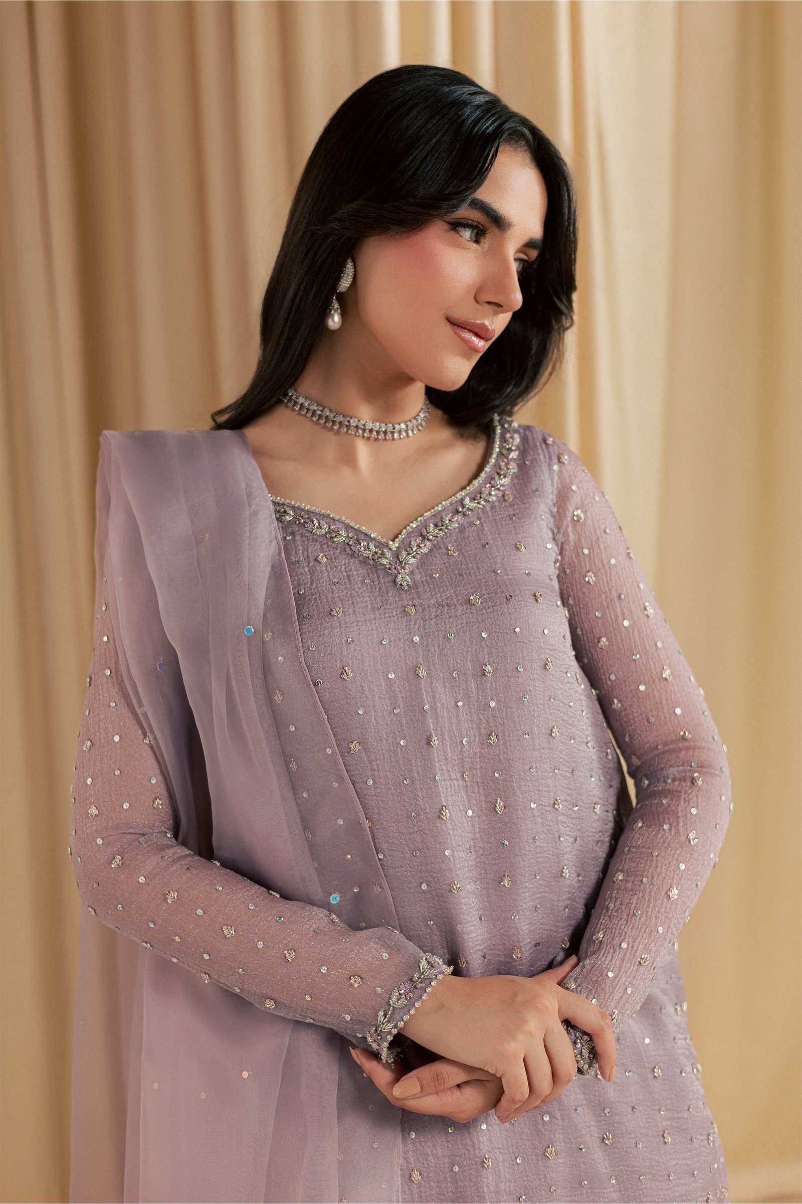 Zinnia Bloom 3Pc - Festive Luxe Pret STUDIOLUXEAUG26 BATIK S / Lilac / Shimmer Silk Organza